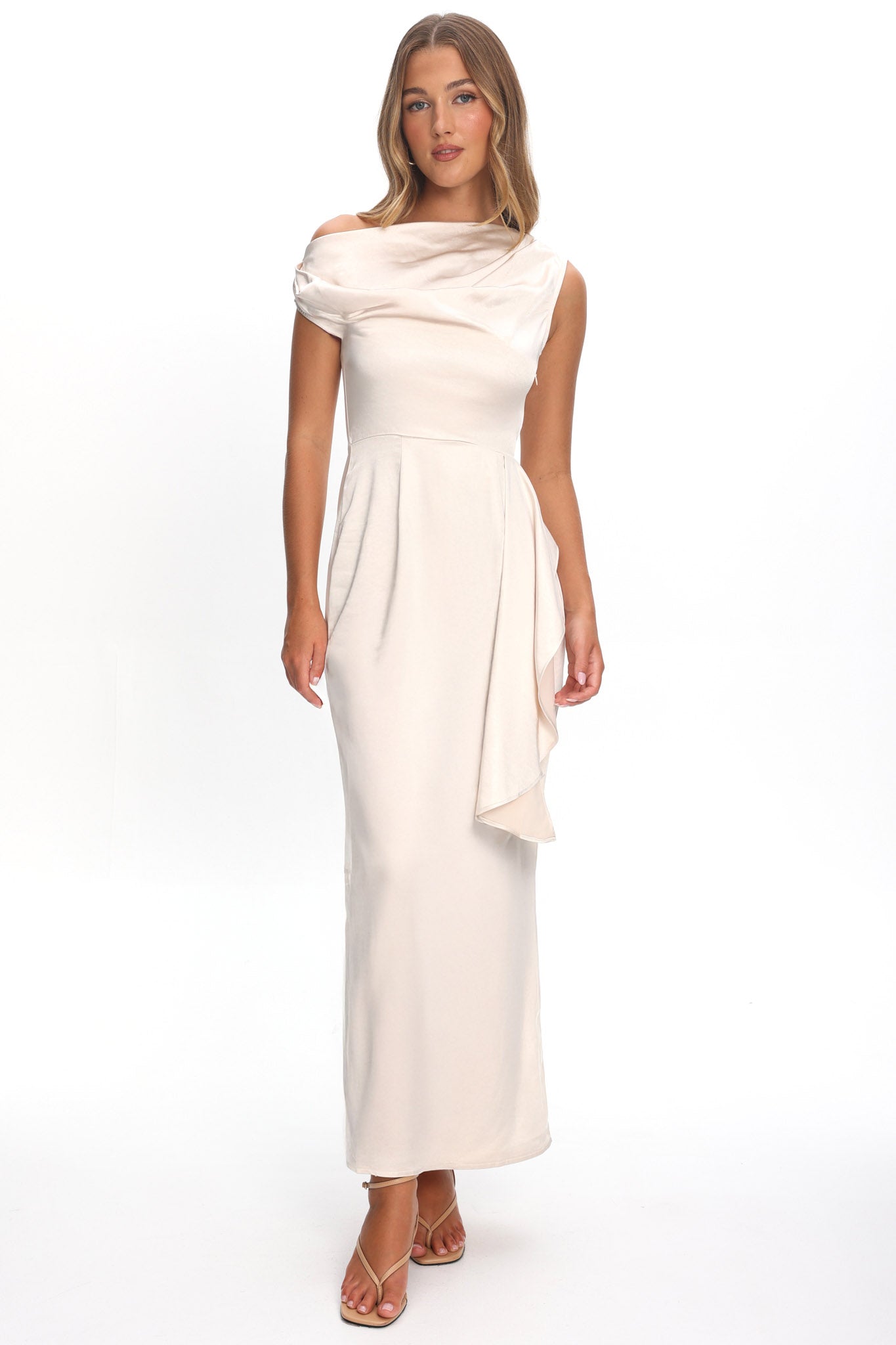 white christmas dresses Tova Draped One-Shoulder Maxi Dress Champagne– Selfie Leslie