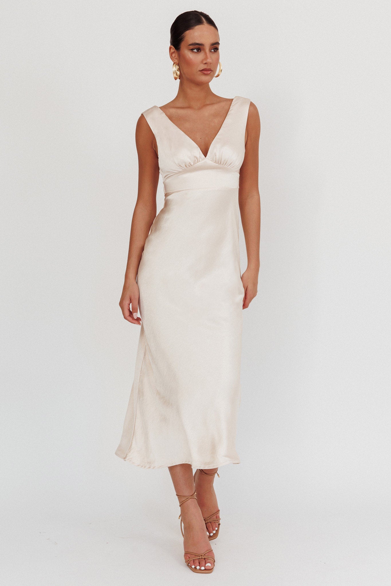 Leila V-Neck Low Back Satin Midi Dress Ivory Leila V-Neck Low Back Satin Midi Dress Ivory