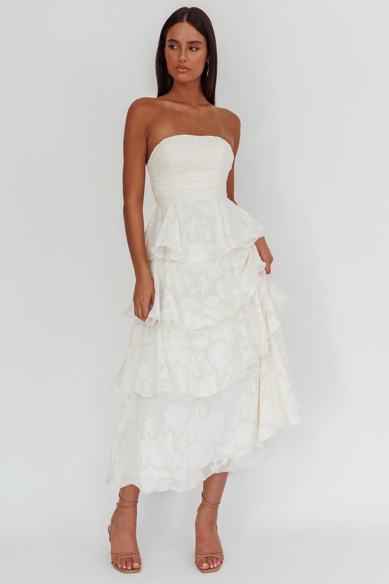 Giavana Strapless Layered Midi Dress Floral Embossed Cream - M Giavana Strapless Layered Midi Dress Floral Embossed Cream - M
