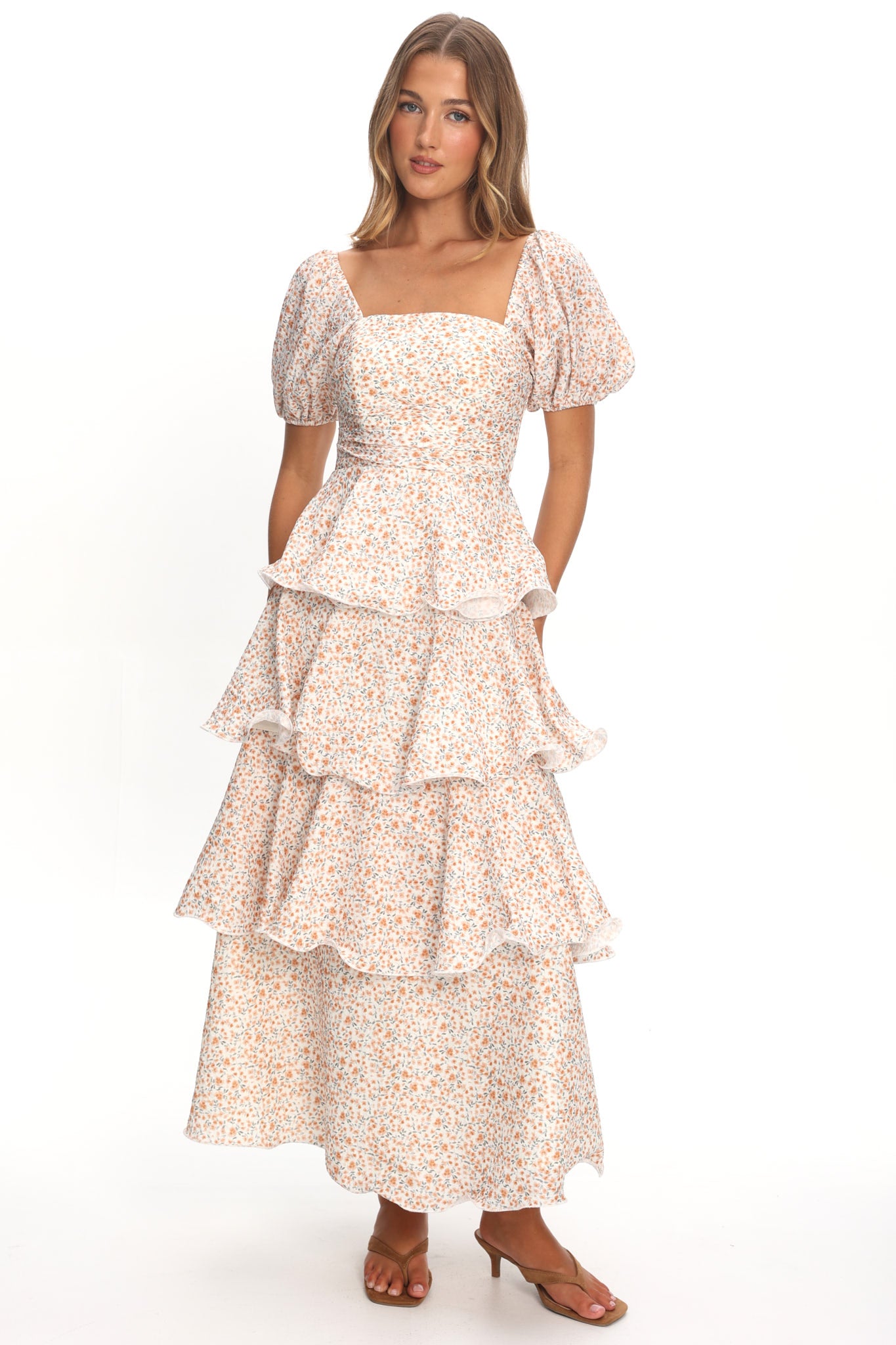 puff sleeve layered dress Giavana Maxi Orange summer dress with sleeves