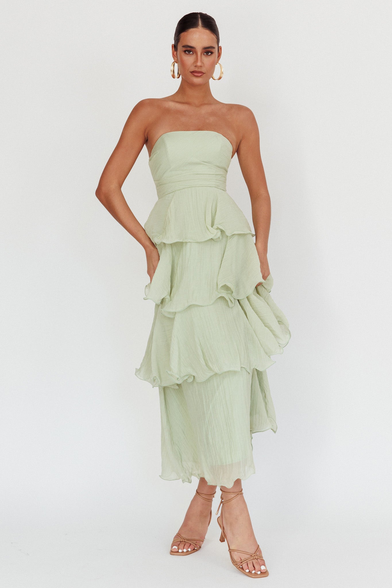 Giavana Strapless Layered Midi Dress Sage Selfie Leslie Giavana Strapless Layered Midi Dress Sage Selfie Leslie