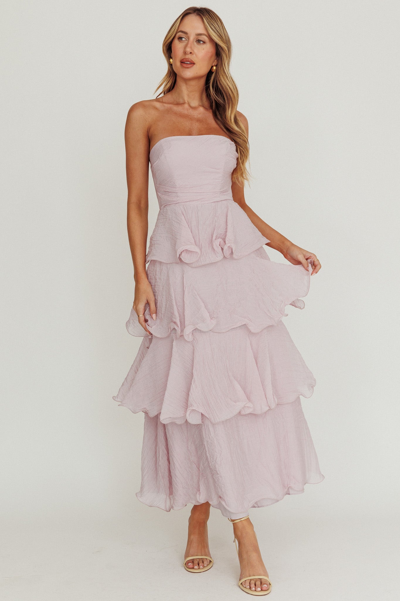 Giavana Strapless Layered Ruffles Midi Dress Lilac Selfie Leslie Giavana Strapless Layered Ruffles Midi Dress Lilac Selfie Leslie