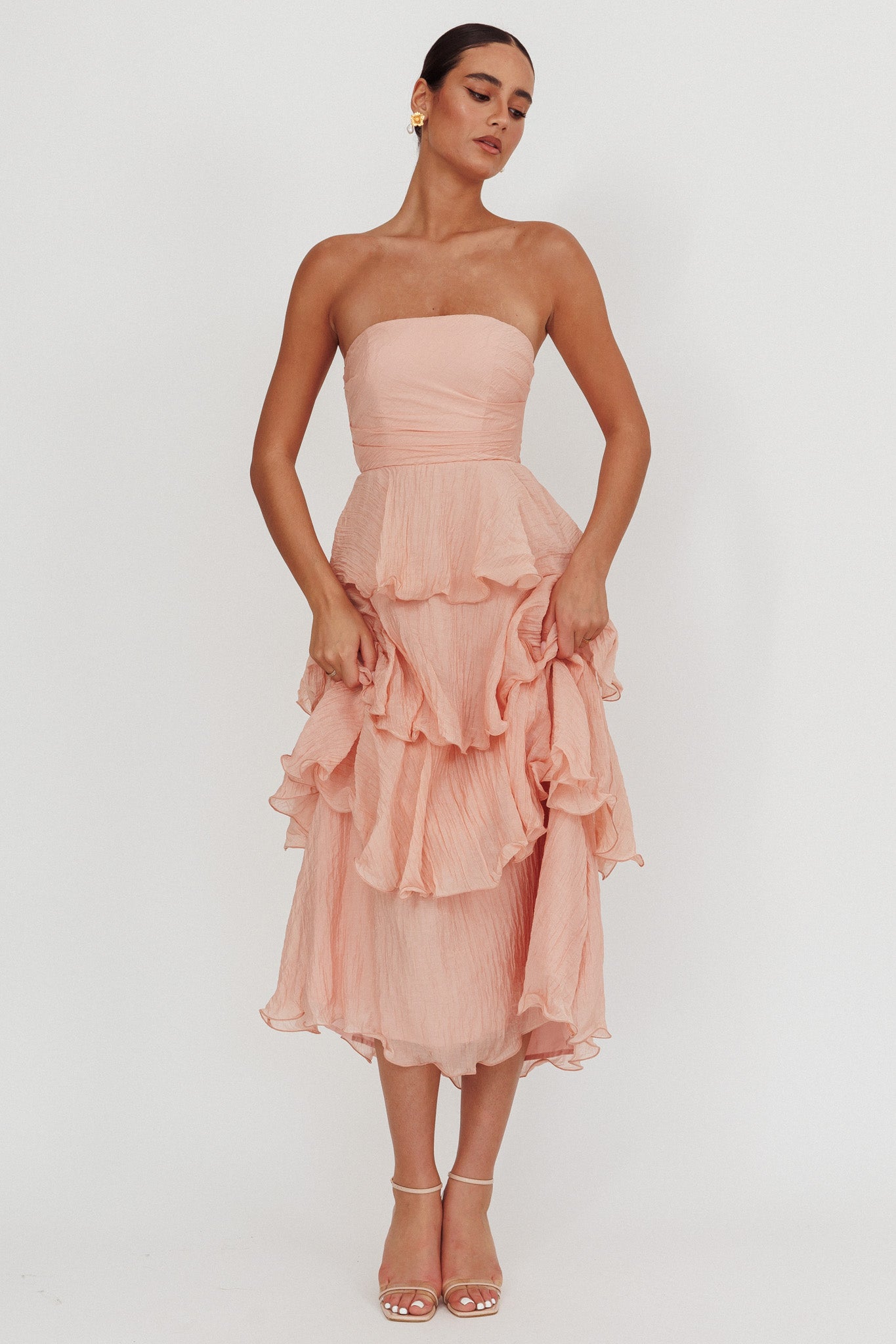 Giavana Strapless Layered Midi Dress Peach | Selfie Leslie Giavana Strapless Layered Midi Dress Peach | Selfie Leslie