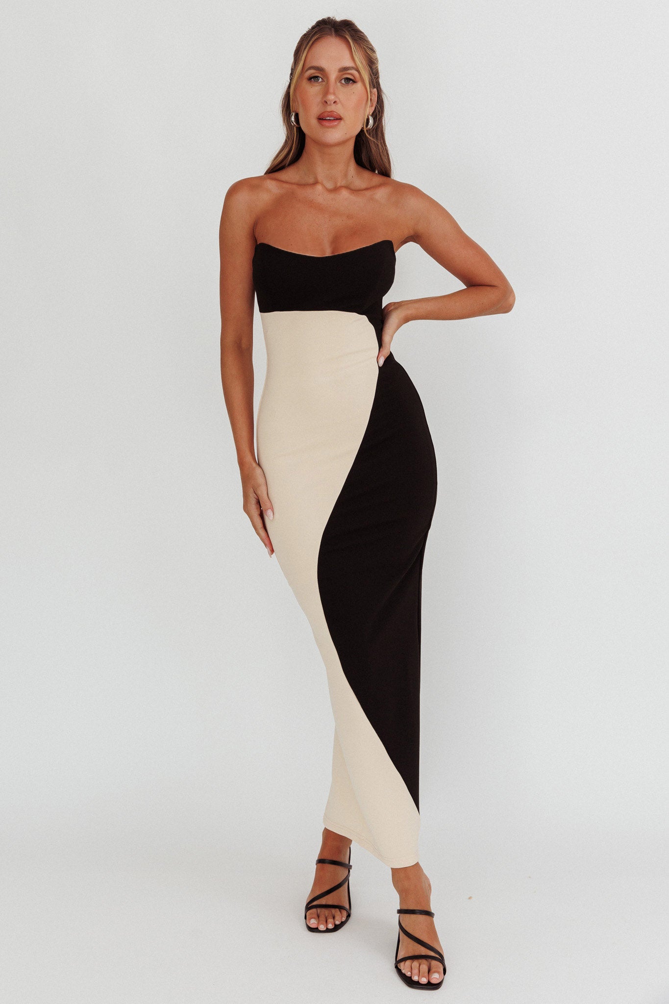 Regent Strapless Maxi Dress Black/Beige by Selfie Leslie