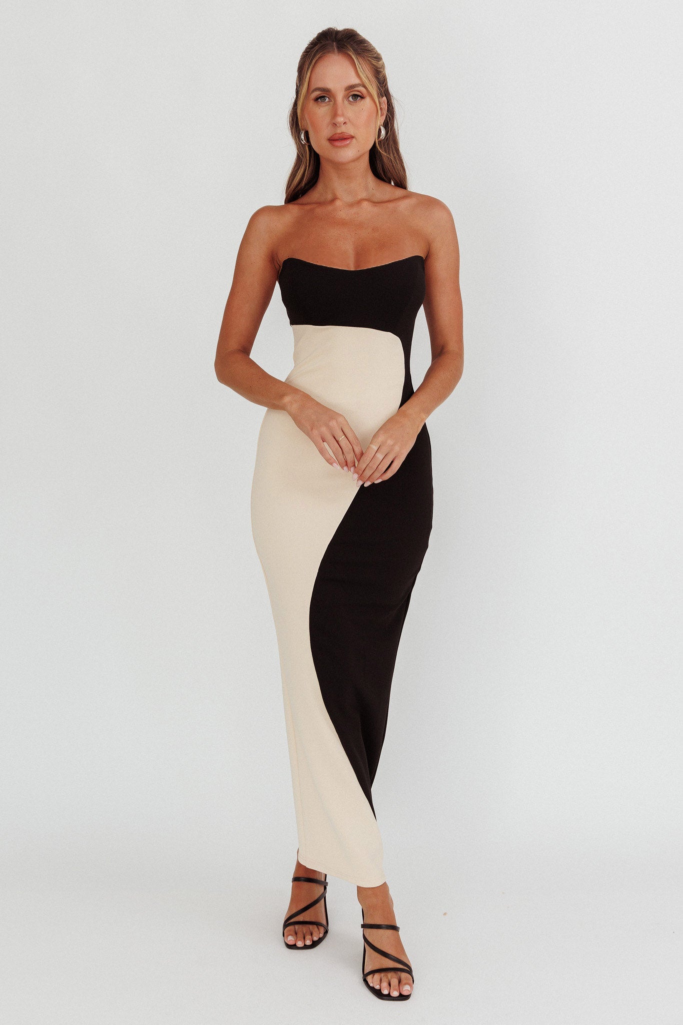 Regent Strapless Maxi Dress Black/Beige by Selfie Leslie