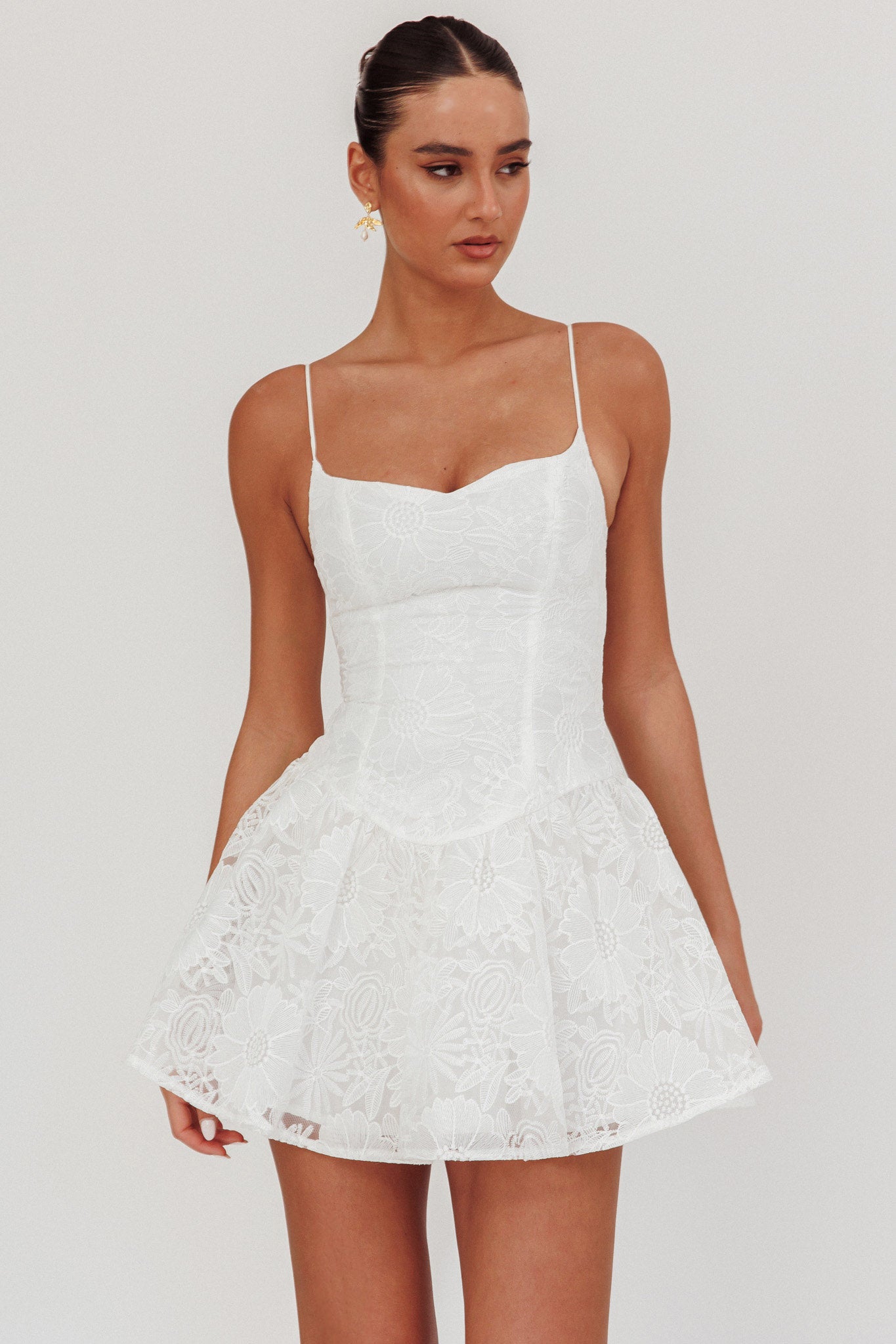 selfie leslie embroidered dress Marbella Floral Embroidered Overlay Scoop Neck Mini Dress White