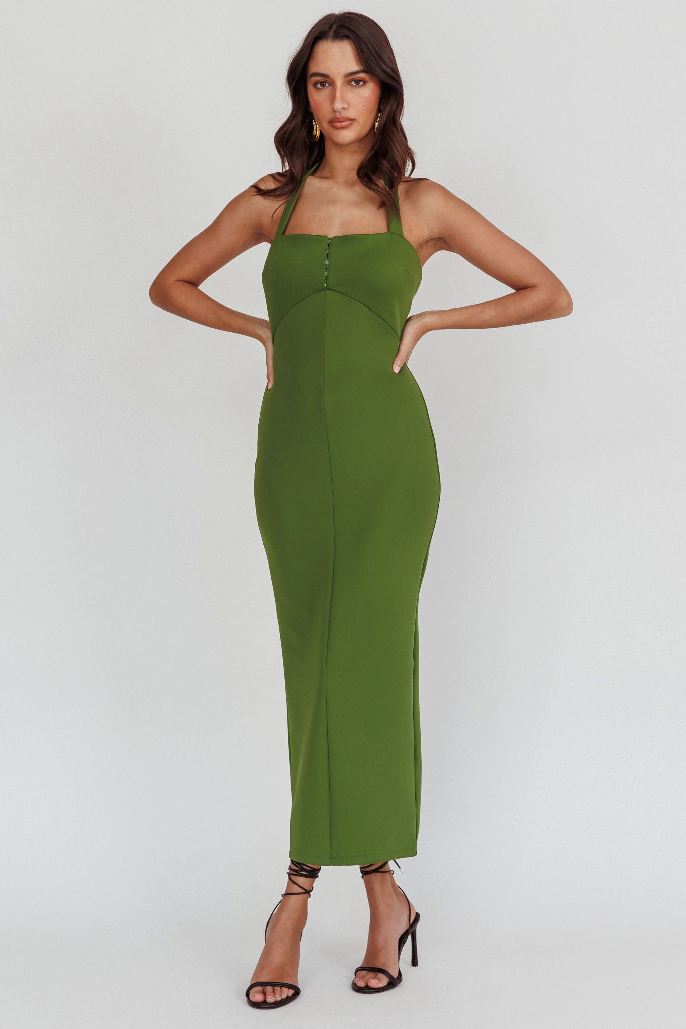 Goldfoil Halter Neck Maxi Dress Olive Goldfoil Halter Neck Maxi Dress Olive