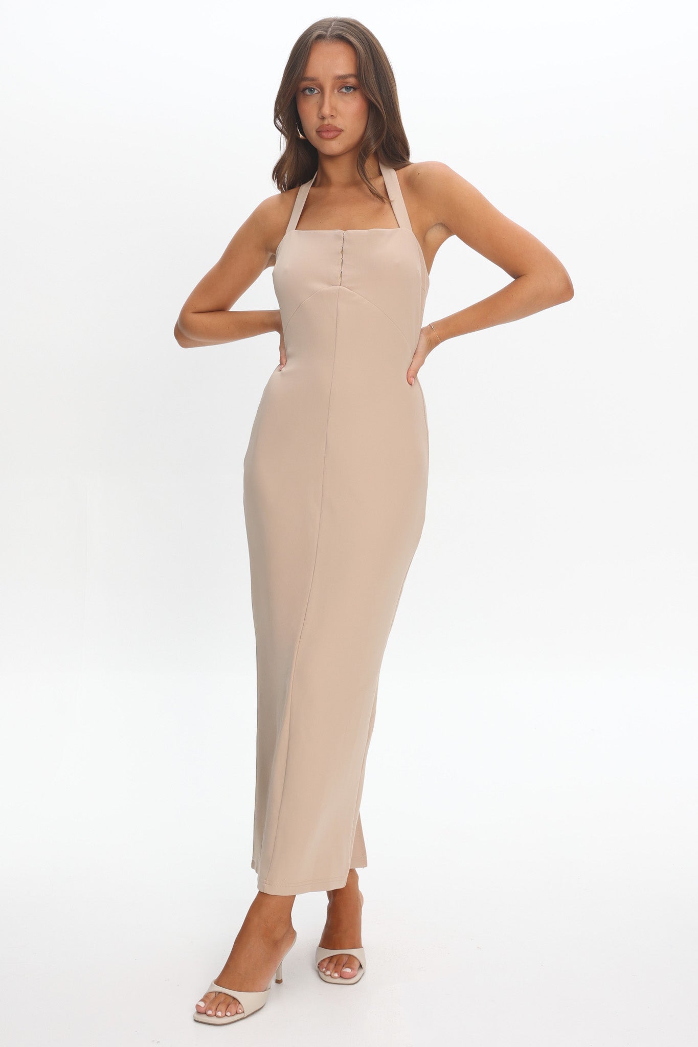 Goldfoil Halter Neck Maxi Dress Ecru | Selfie Leslie Goldfoil Halter Neck Maxi Dress Ecru | Selfie Leslie
