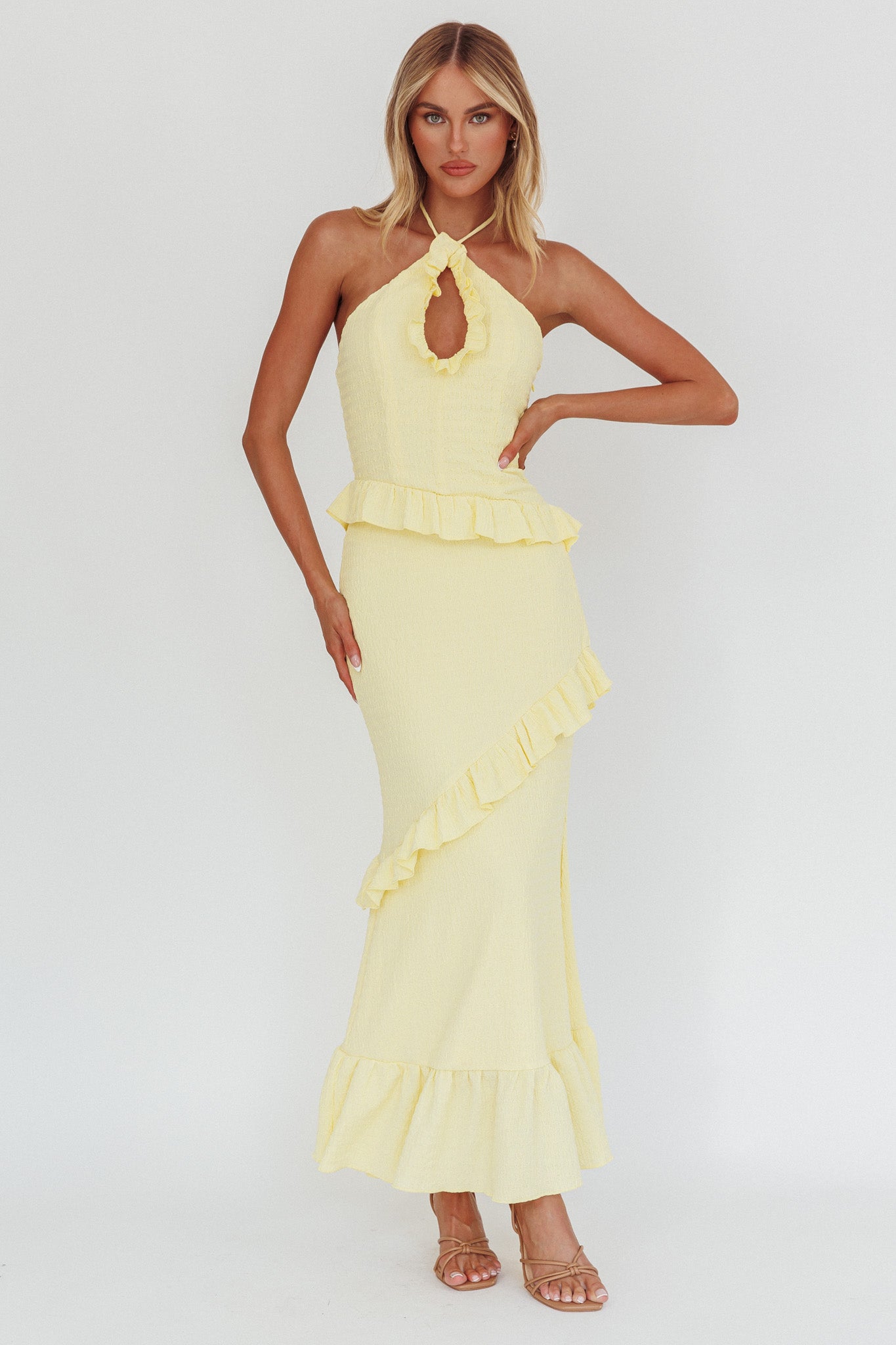 Clemence Smocked Frill Trim Maxi Dress Lemon Clemence Smocked Frill Trim Maxi Dress Lemon