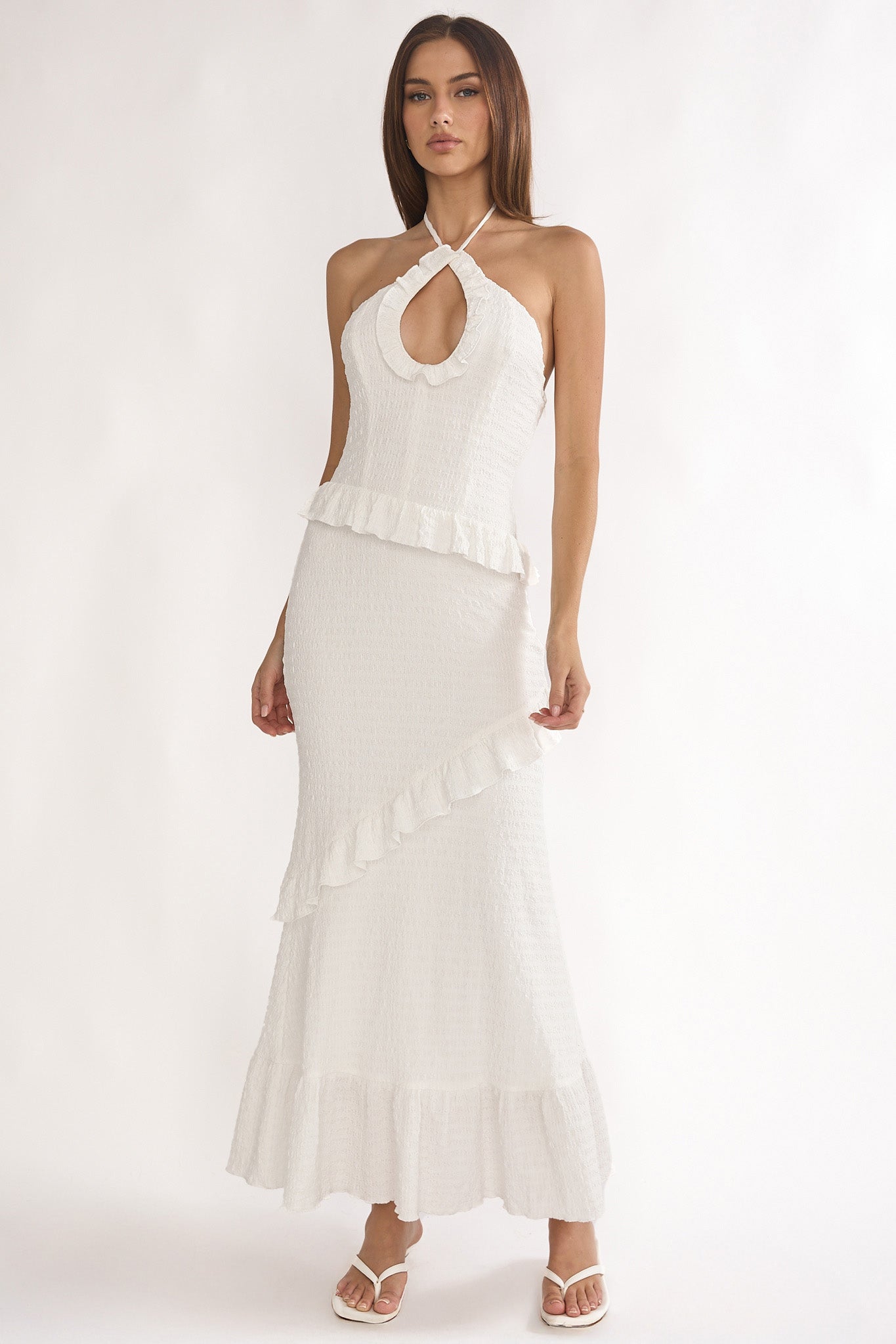 knee length dresses for ladies Clemence Smocked Frill Trim Maxi Dress White
