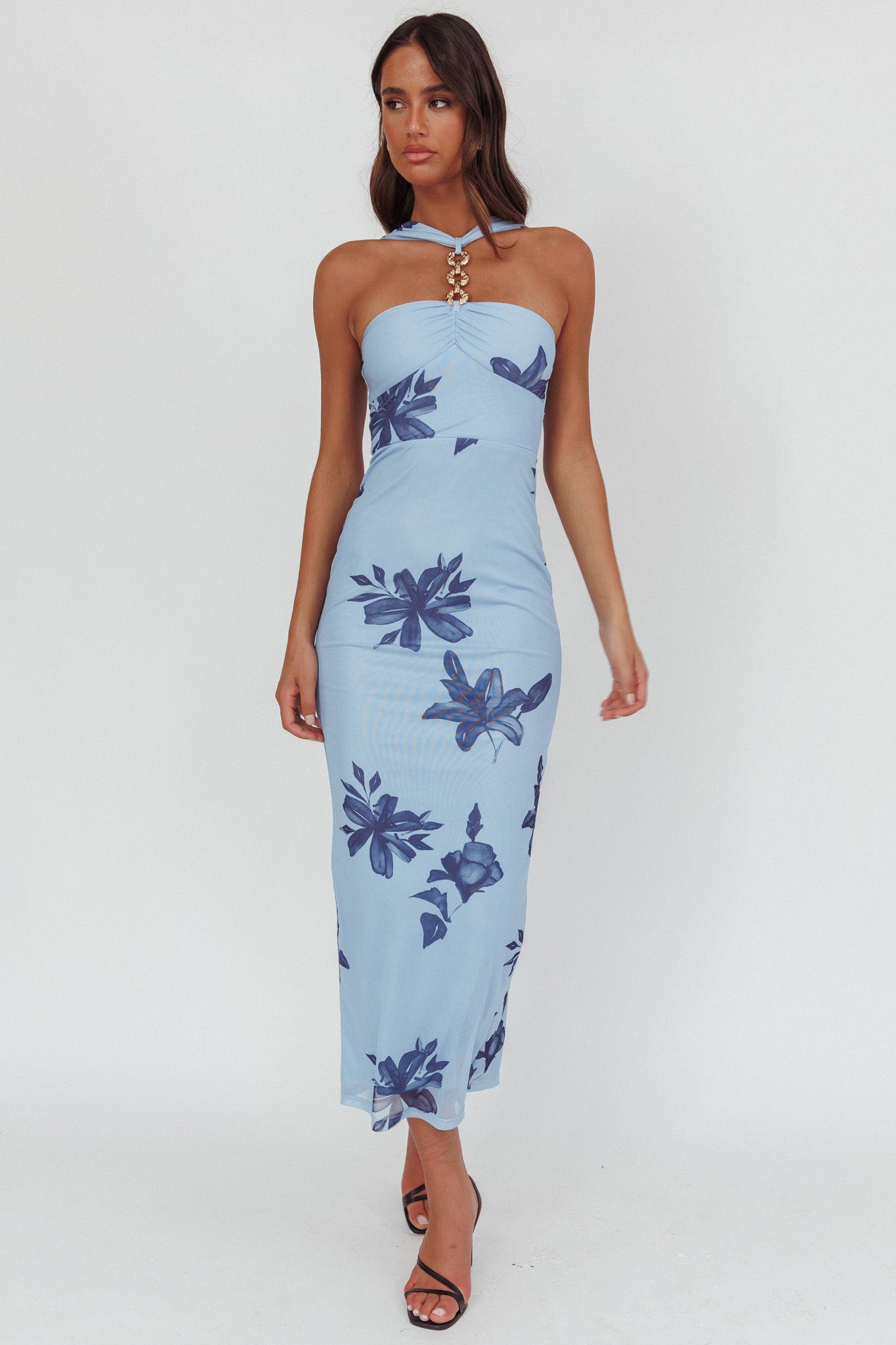 Maretha Gold Link Neckline Maxi Dress Lily Blue - L Maretha Gold Link Neckline Maxi Dress Lily Blue - L