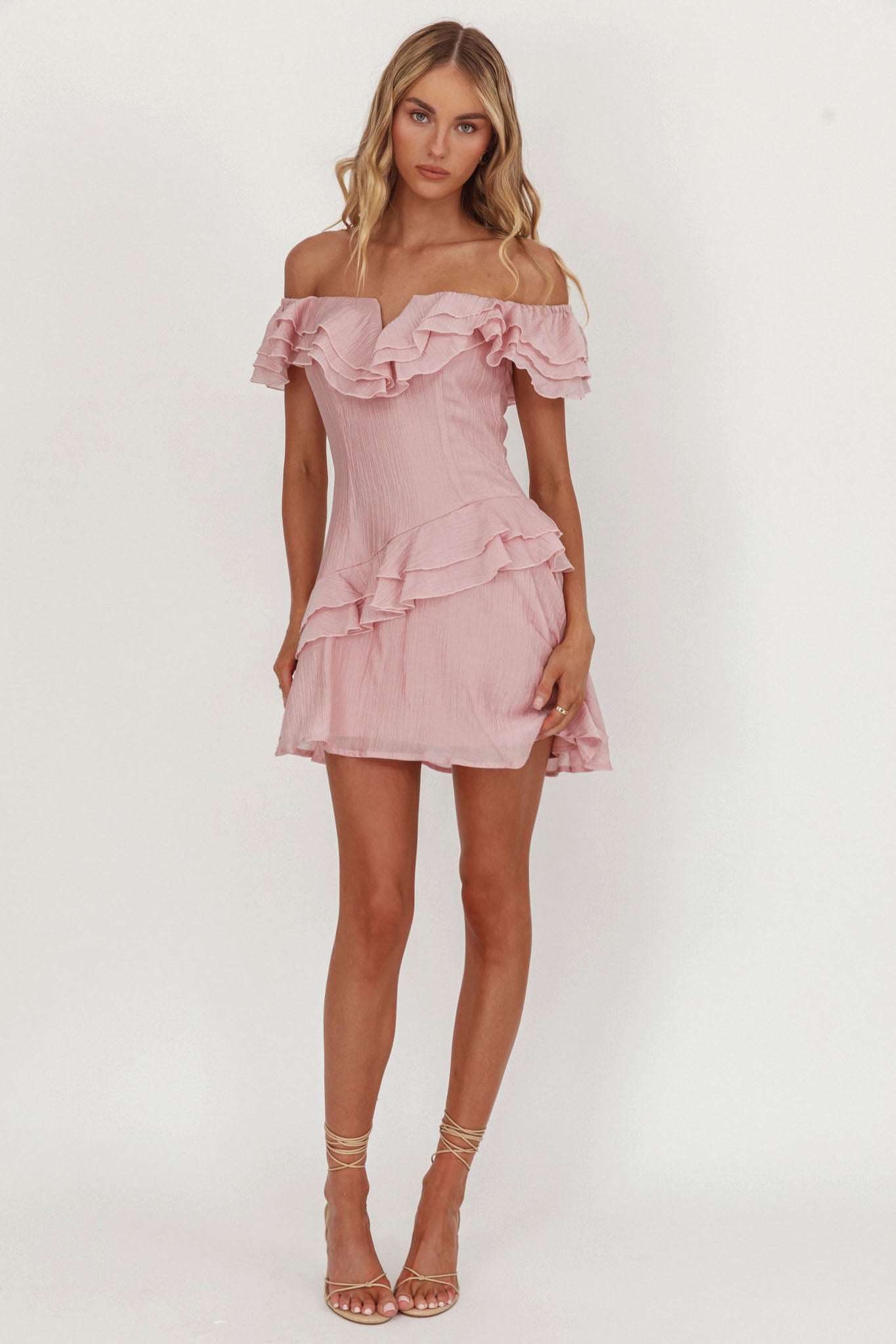 Sinclair Off-Shoulder Ruffle Trim Mini Dress Blush - XL Sinclair Off-Shoulder Ruffle Trim Mini Dress Blush - XL