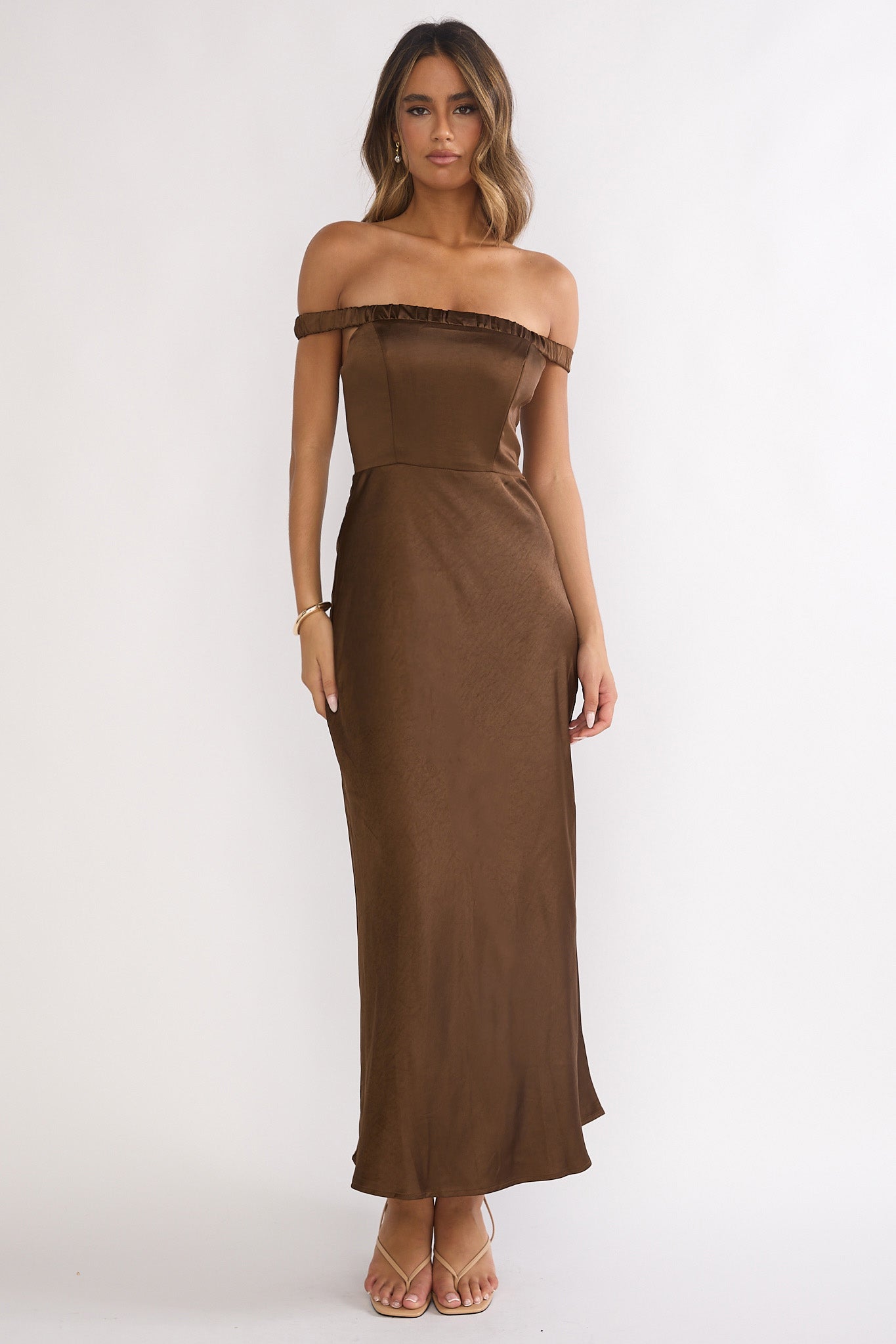 Cari Off-Shoulder Strap Maxi Dress Chocolate– Selfie Leslie