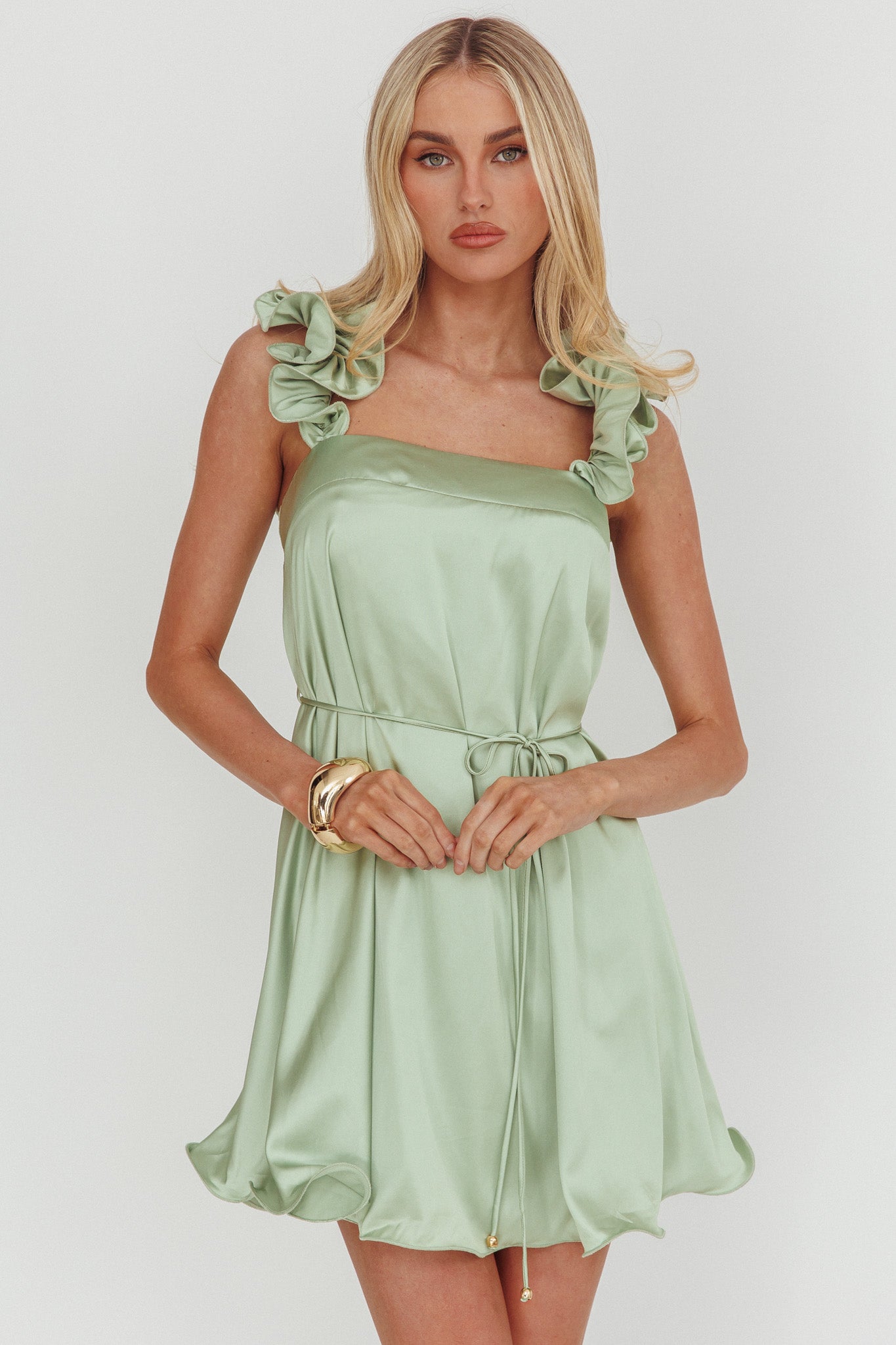 Glow Lettuce Edge Strap Mini Dress Pistachio Selfie Leslie Glow Lettuce Edge Strap Mini Dress Pistachio Selfie Leslie