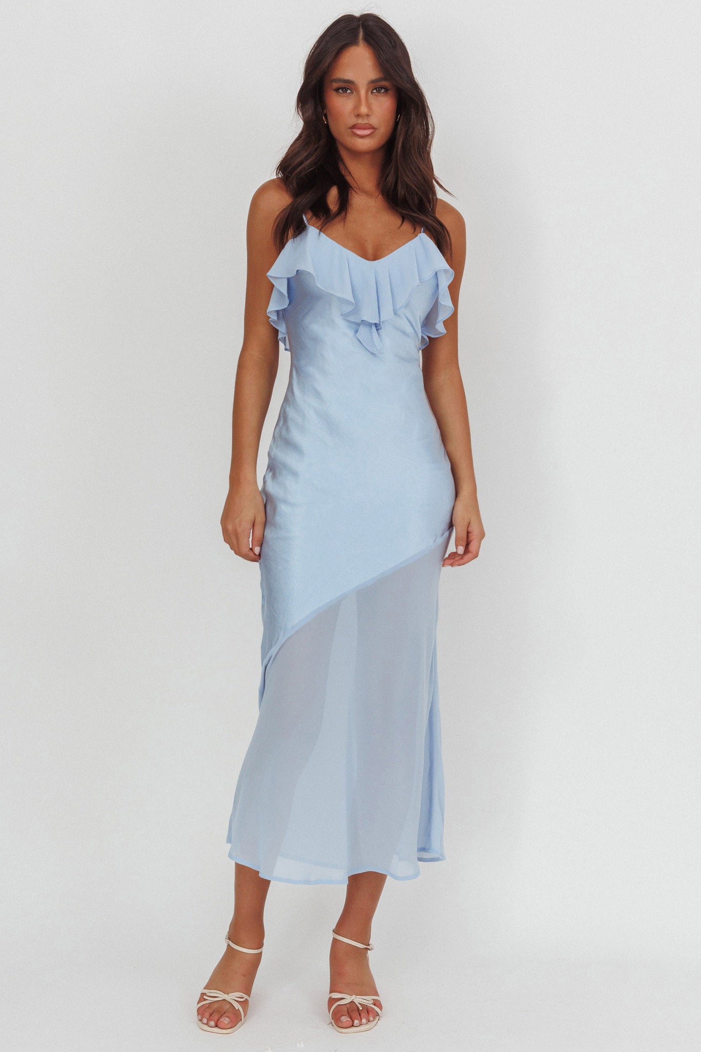 midi sheer dress Talula Sheer Hem Ruffle Midi Dress Blue
