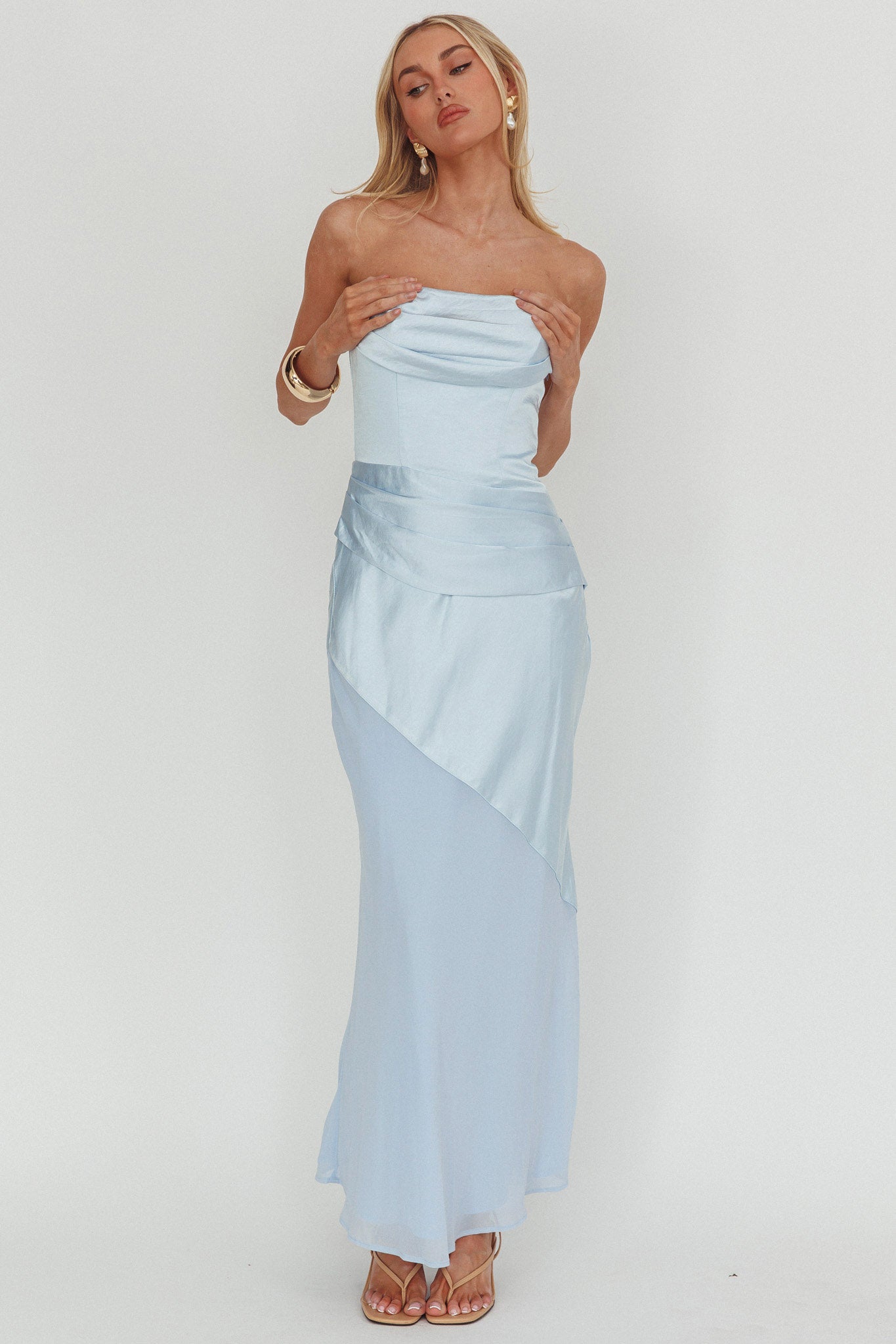 Moon Aura Pleat Detail Strapless Maxi Dress Blue - S Moon Aura Pleat Detail Strapless Maxi Dress Blue - S