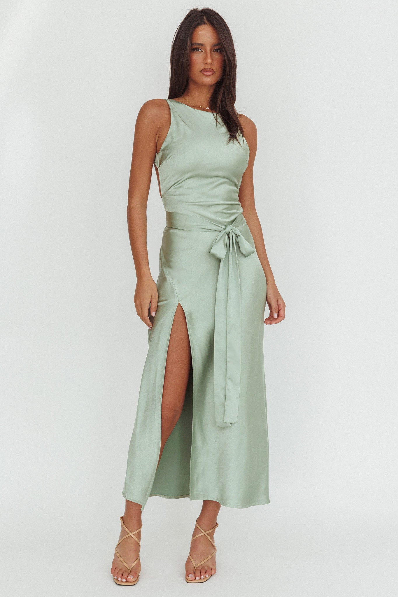 back tie maxi dress Standing By Backless Waist Sage neckline and a subtle Windsor Blue Prom Dress Color:Midnight Blue with Driftwood Best of Best