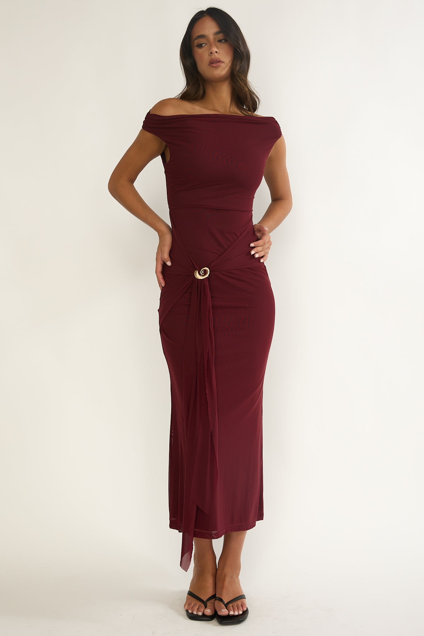 Lyssia Off-Shoulder Waist Sash Maxi Dress Cherry | Selfie Leslie