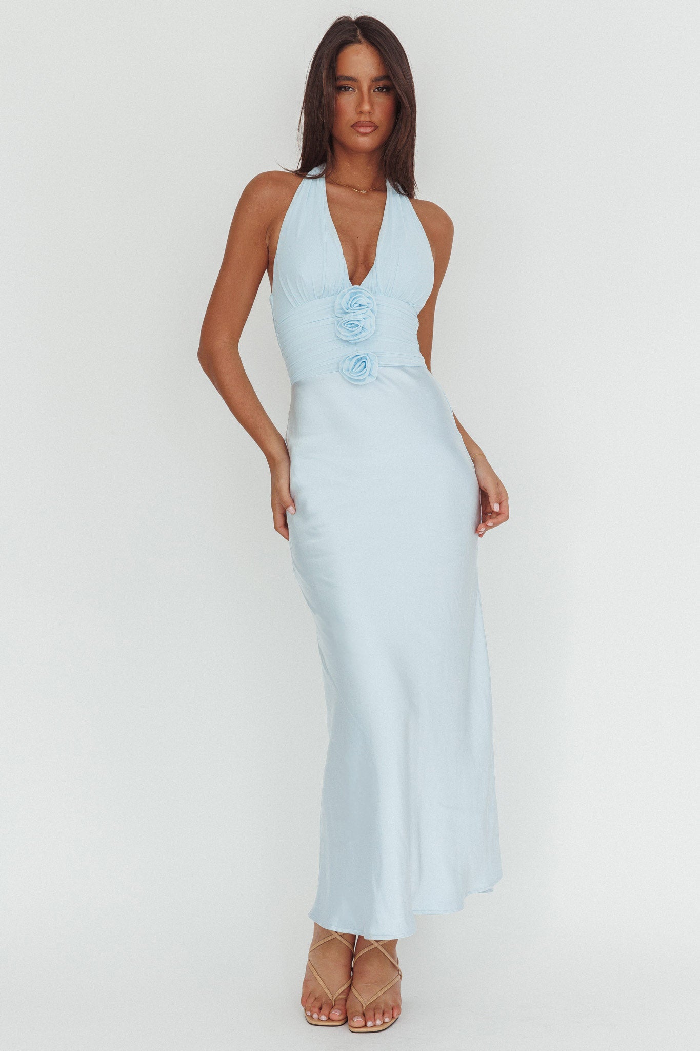 rosette halter dress Heliora Halterneck Bust Maxi Ice Blue Ruffled tiered layers with Ruched Made To Order Sizes:AU 6XL/24 QUNYINEY Formal Dresses for