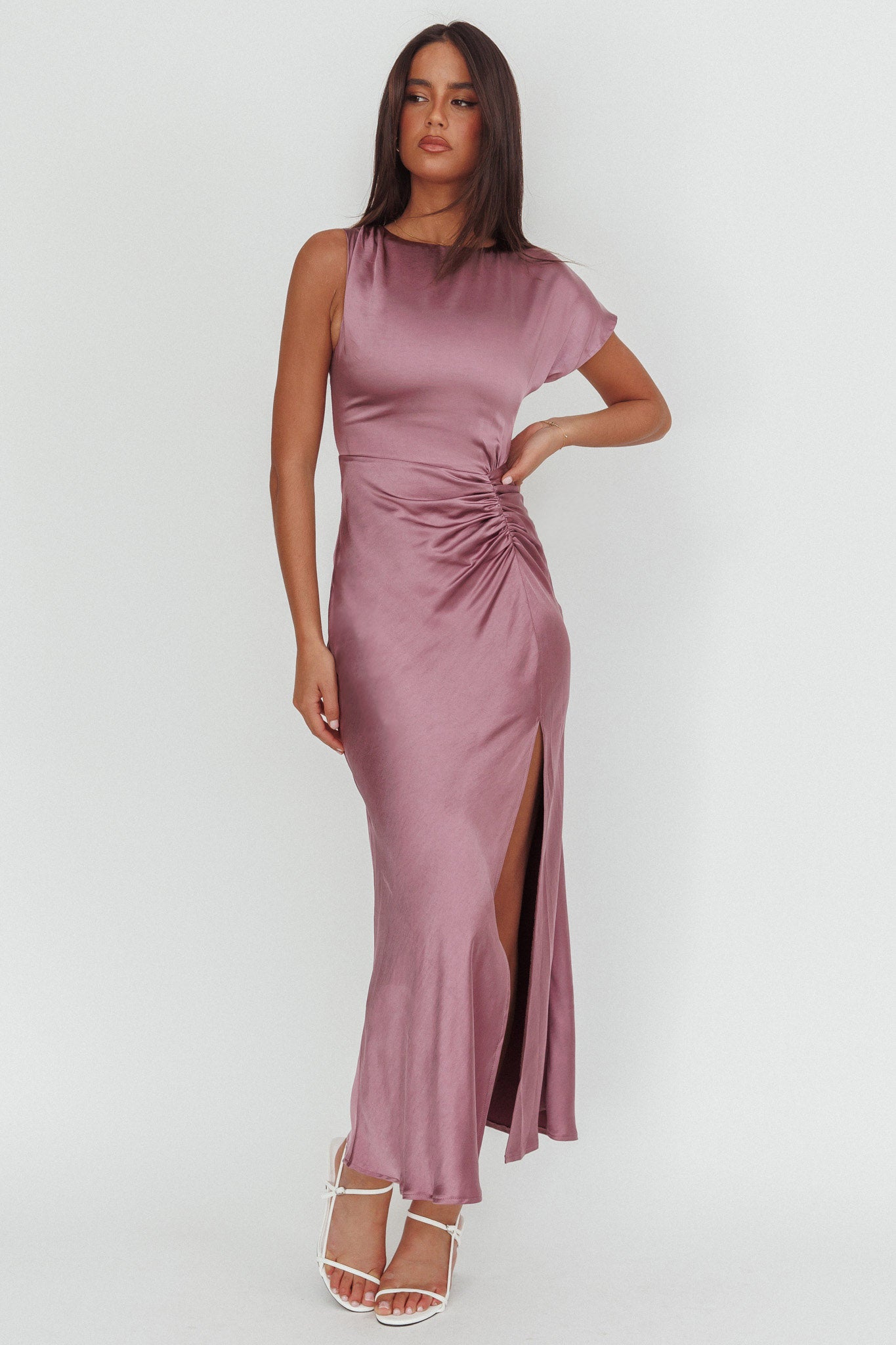 Larelle One-Sleeve Front Split Maxi Dress Grape | Selfie Leslie