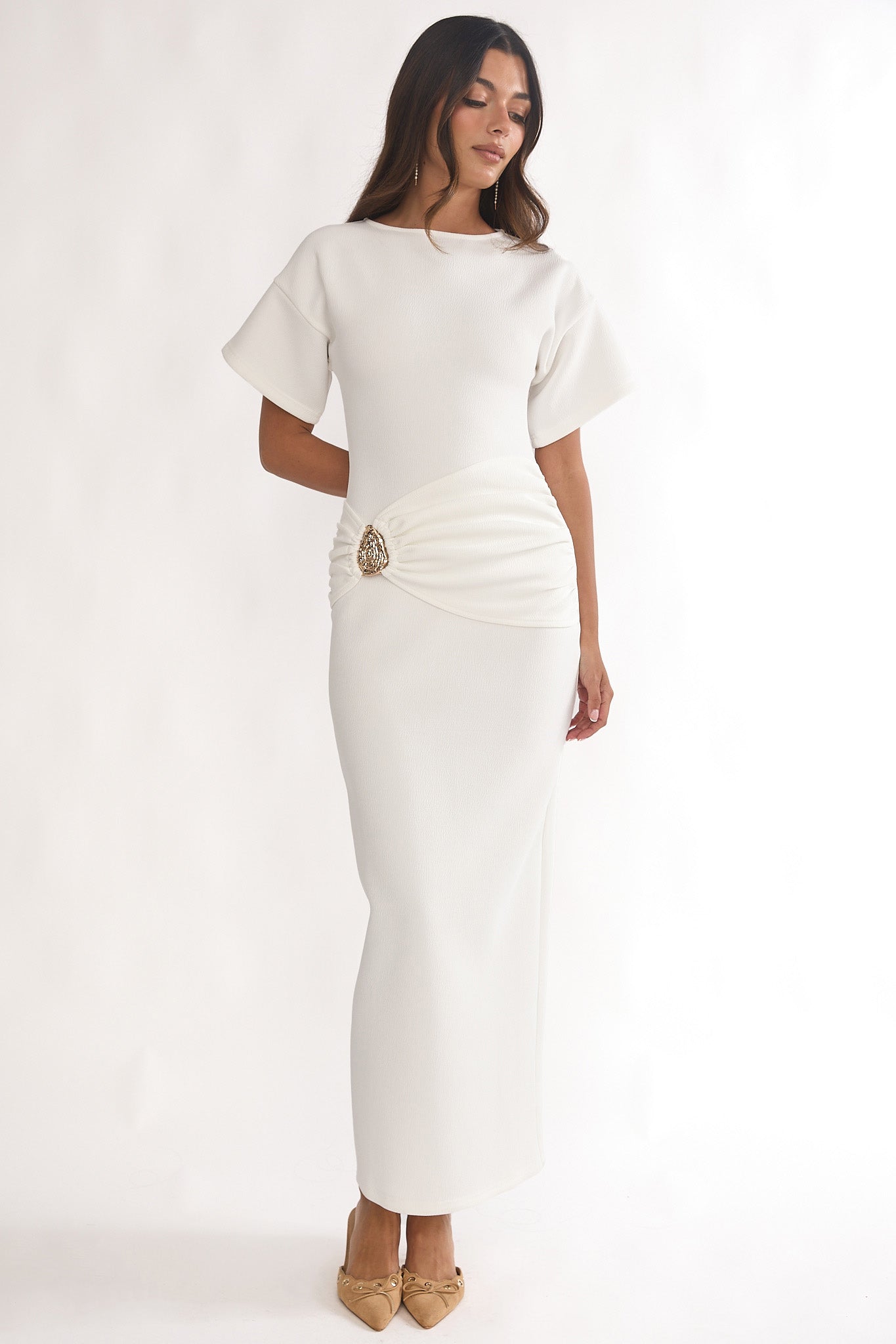 Briona Short Sleeve Buckle Maxi Dress White | Selfie Leslie Briona Short Sleeve Buckle Maxi Dress White | Selfie Leslie
