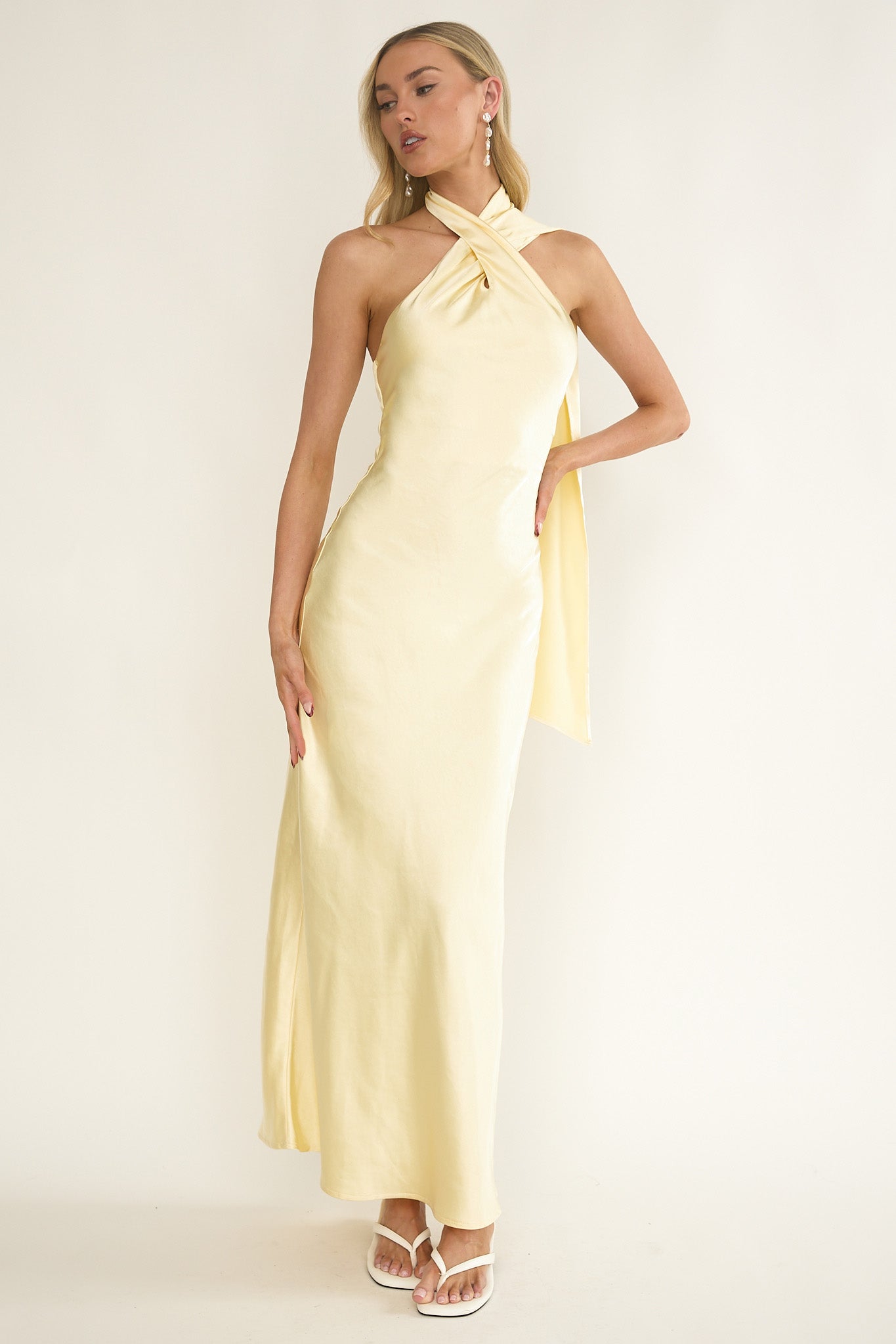 butter yellow halter dress Alvara Crossover Halterneck Maxi Dress Butter