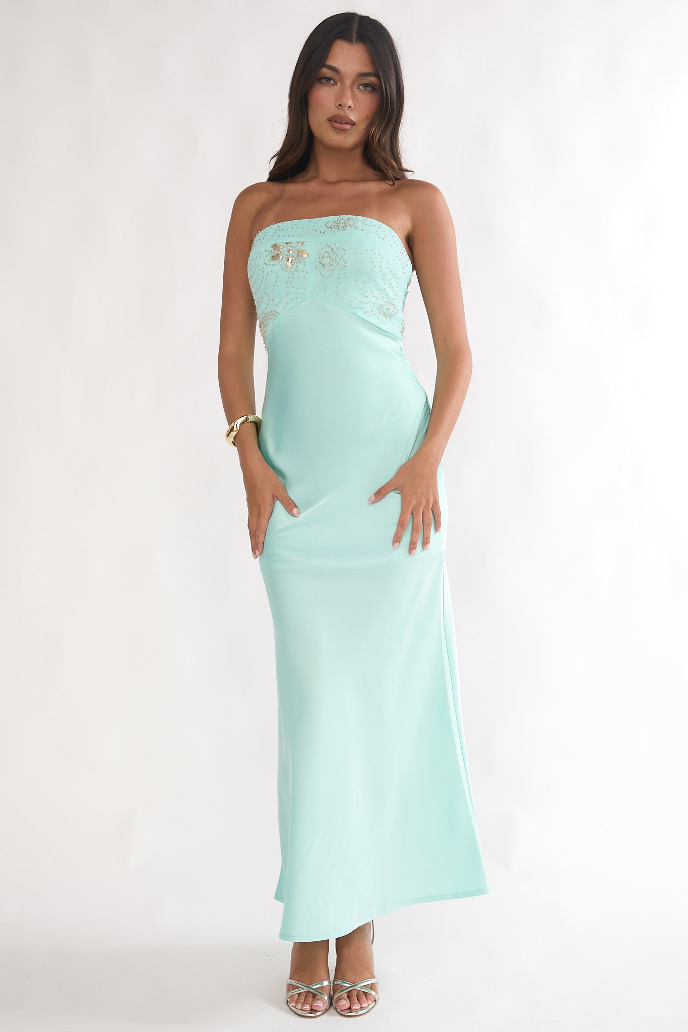 At Dusk Beaded Bust Strapless Maxi Dress Blue - M At Dusk Beaded Bust Strapless Maxi Dress Blue - M