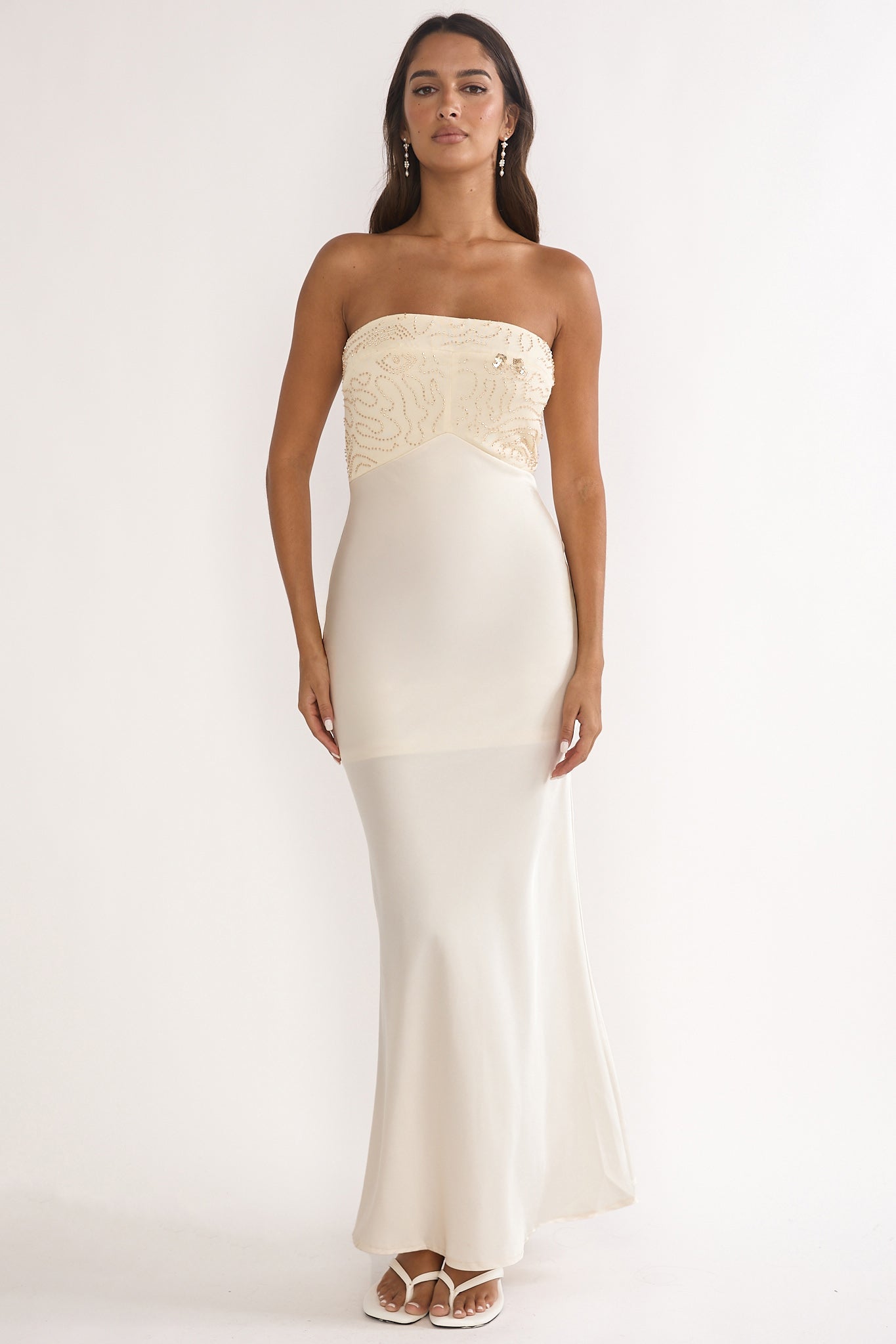 beaded strapless maxi dress At Dusk Beaded Bust Strapless Maxi Dress Oyster