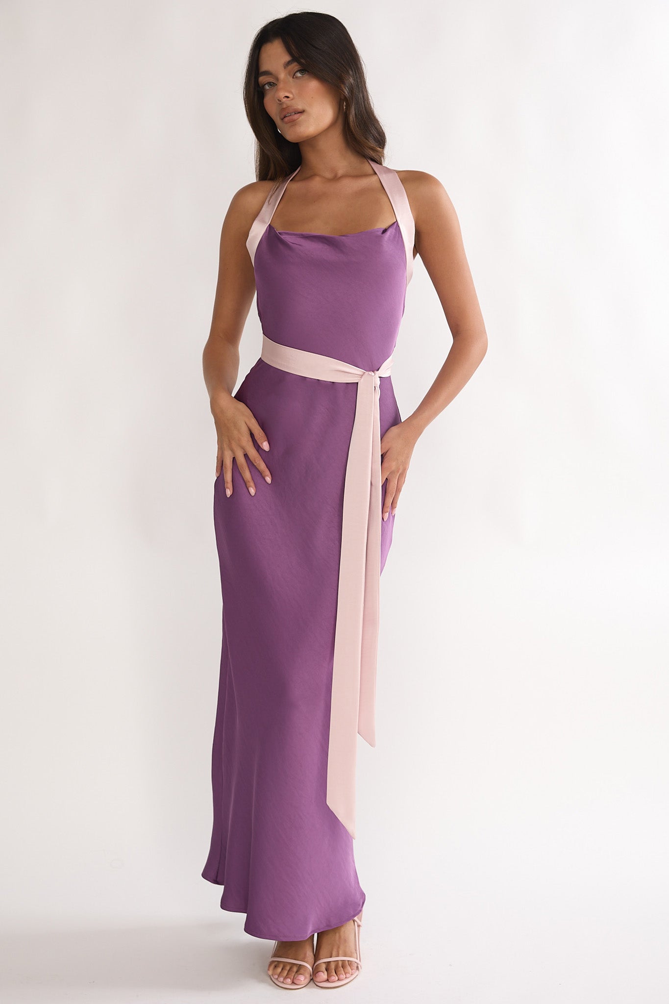 Elanah Waist Tie Halter Maxi Dress Grape Selfie Leslie Elanah Waist Tie Halter Maxi Dress Grape Selfie Leslie