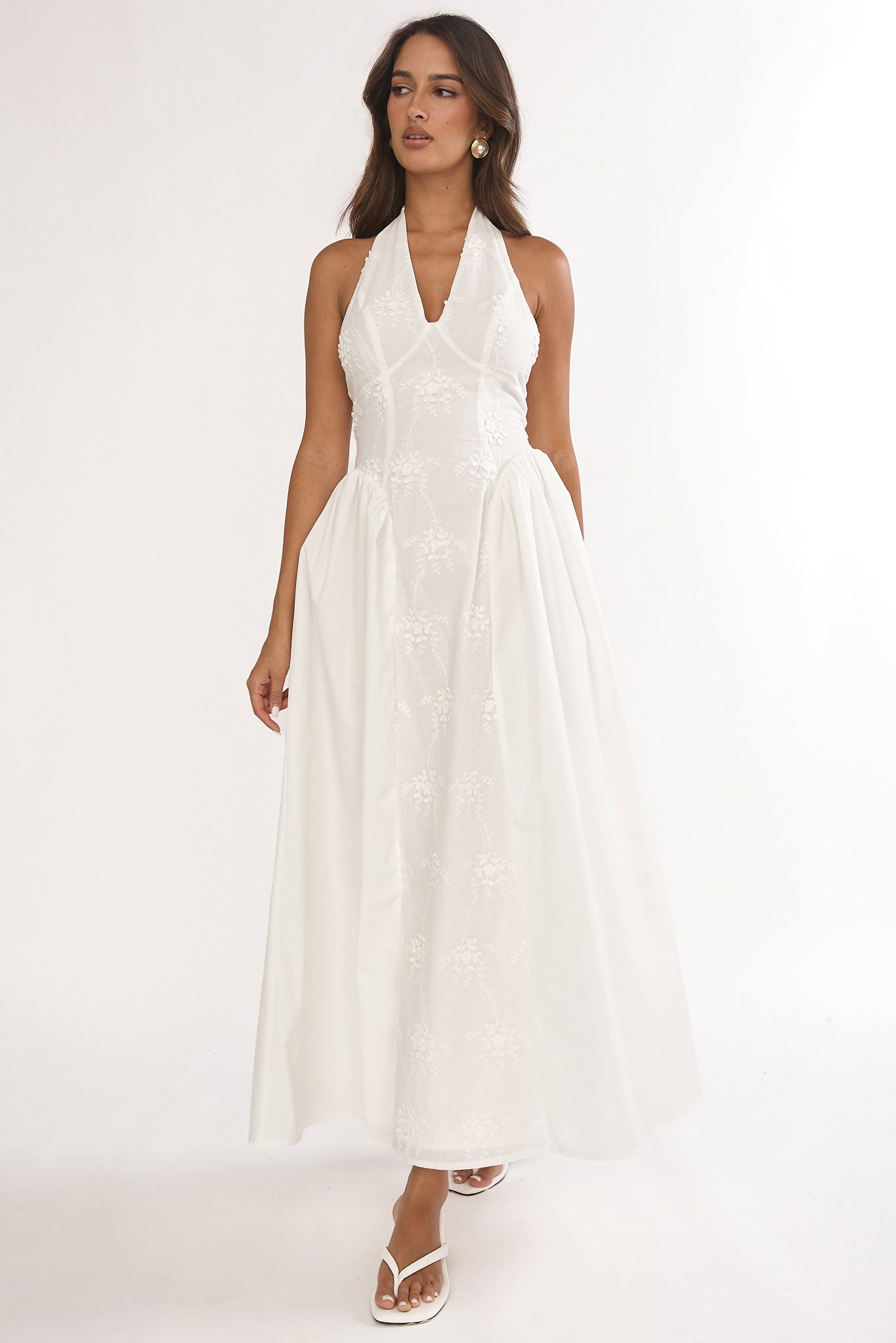 halter neck embroidered dress Halter neck crpe dress with embroidered neckline