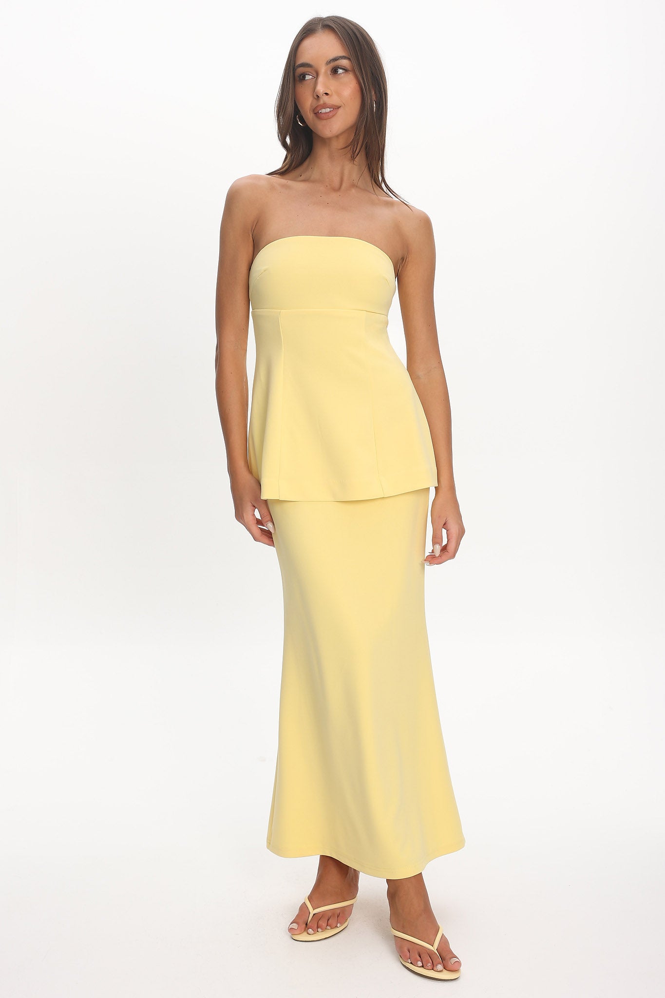 butter yellow strapless dress Cotton Candy LA Linen Maxi Butter Yellow Strapless Babydoll Romper