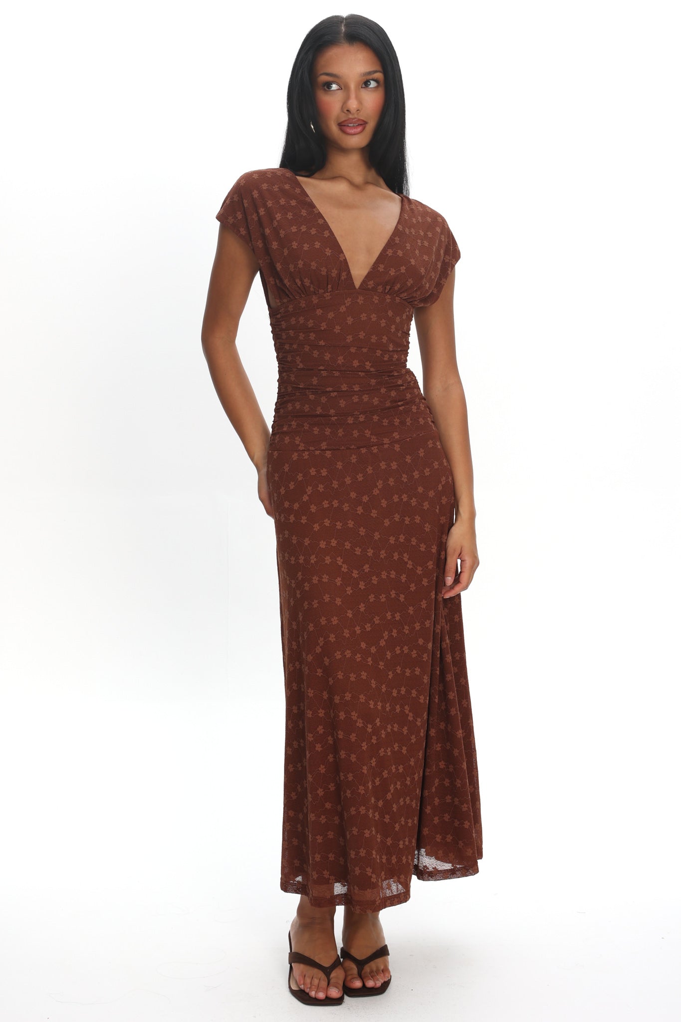 Novia Ruched Bodice Maxi Dress Embroidered Chocolate - XL Novia Ruched Bodice Maxi Dress Embroidered Chocolate - XL