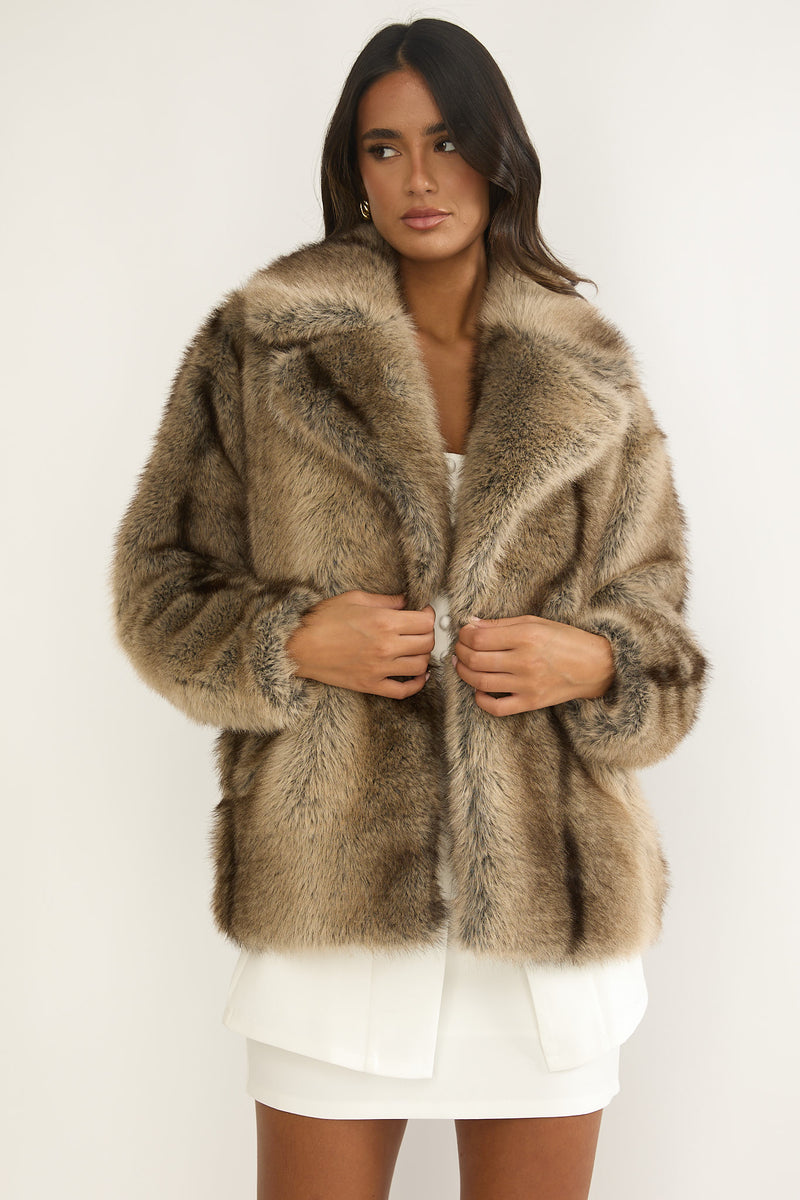Shop the Soraya Notch Lapel Faux Fur Coat Brown
