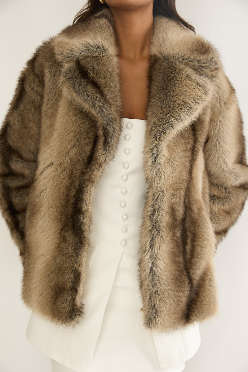 Shop the Soraya Notch Lapel Faux Fur Coat Brown