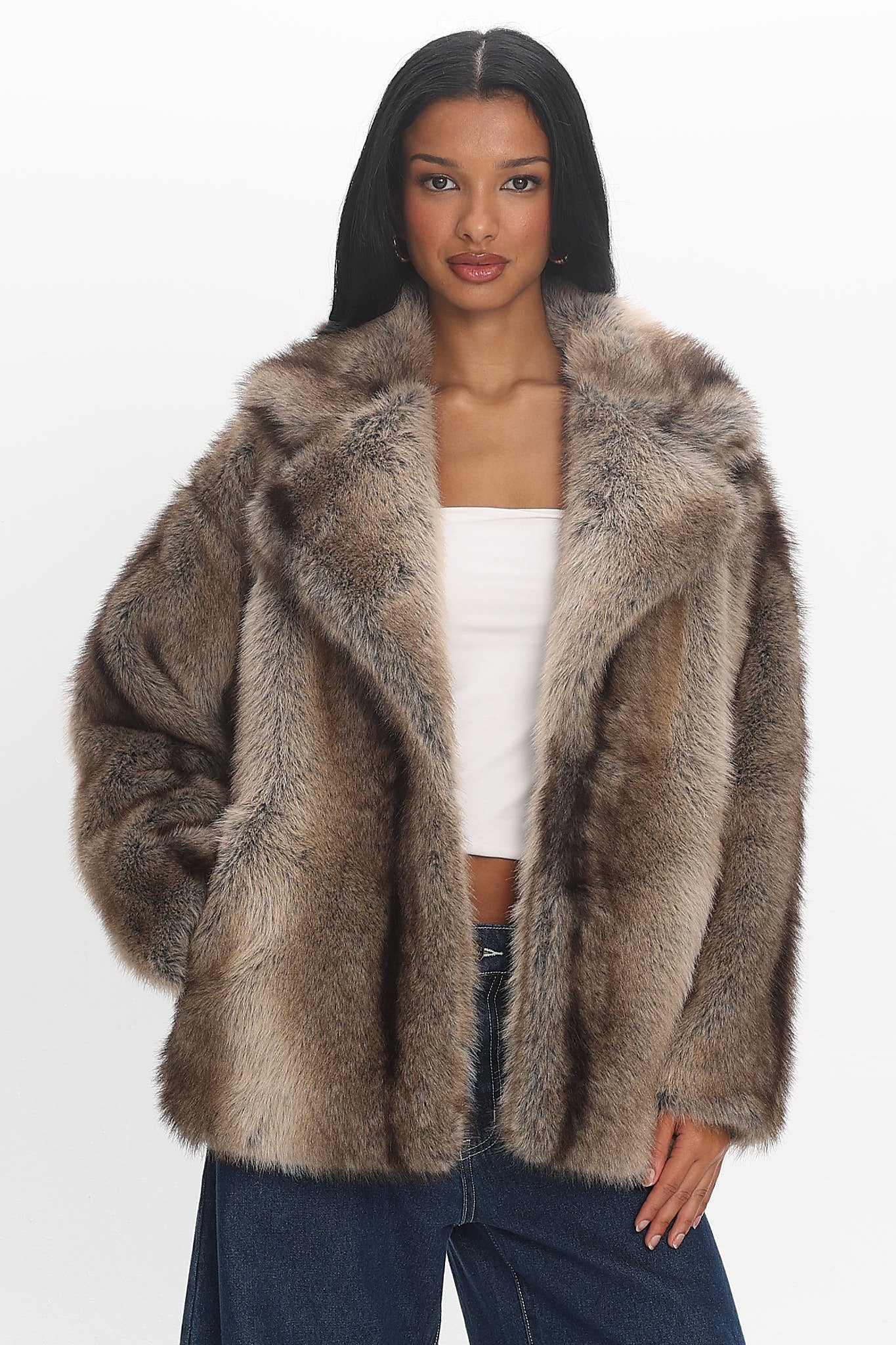 Soraya Notch Lapel Faux Fur Coat Brown | Selfie Leslie
