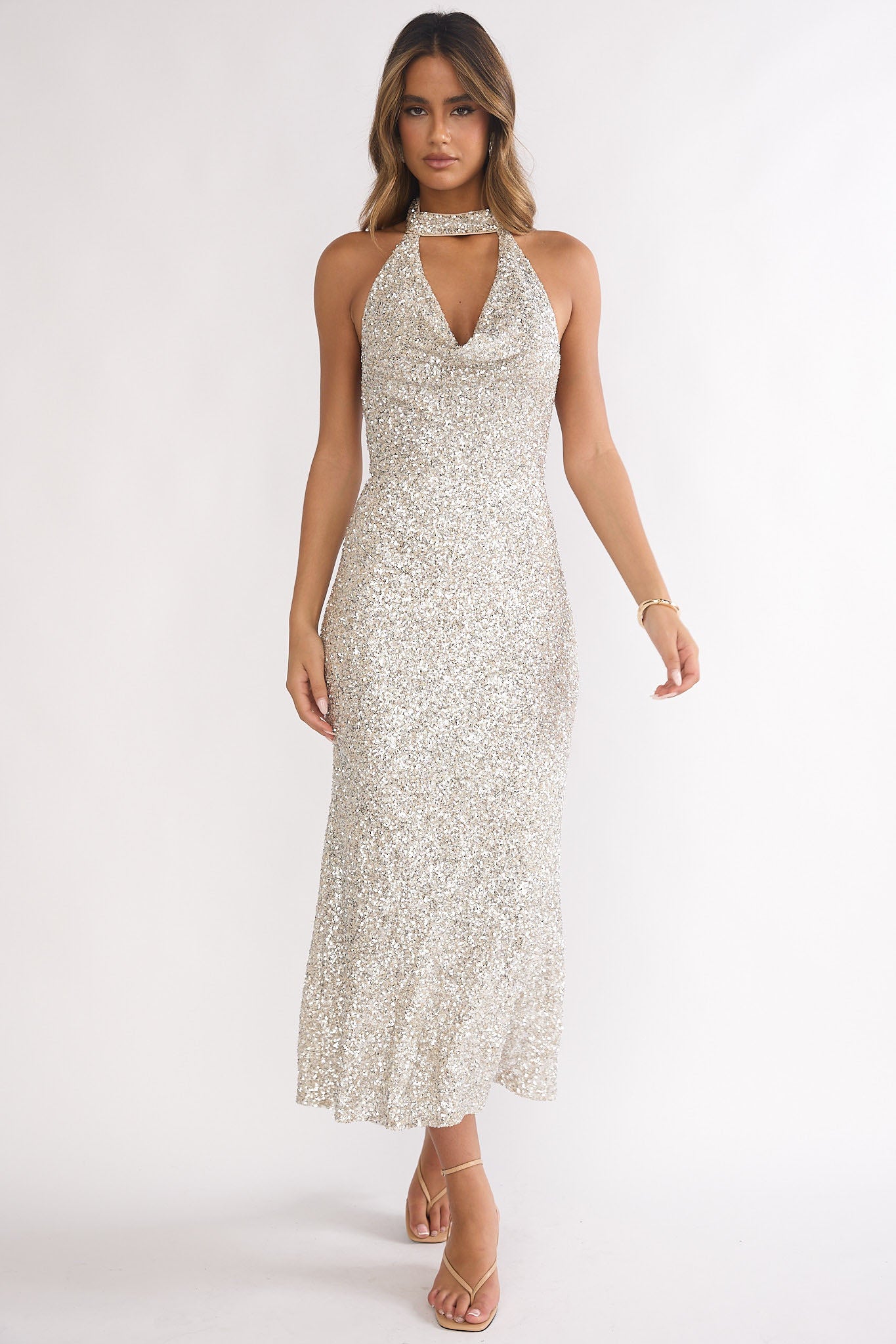 Sky of Diamonds Backless Midi Dress Sequin Silver