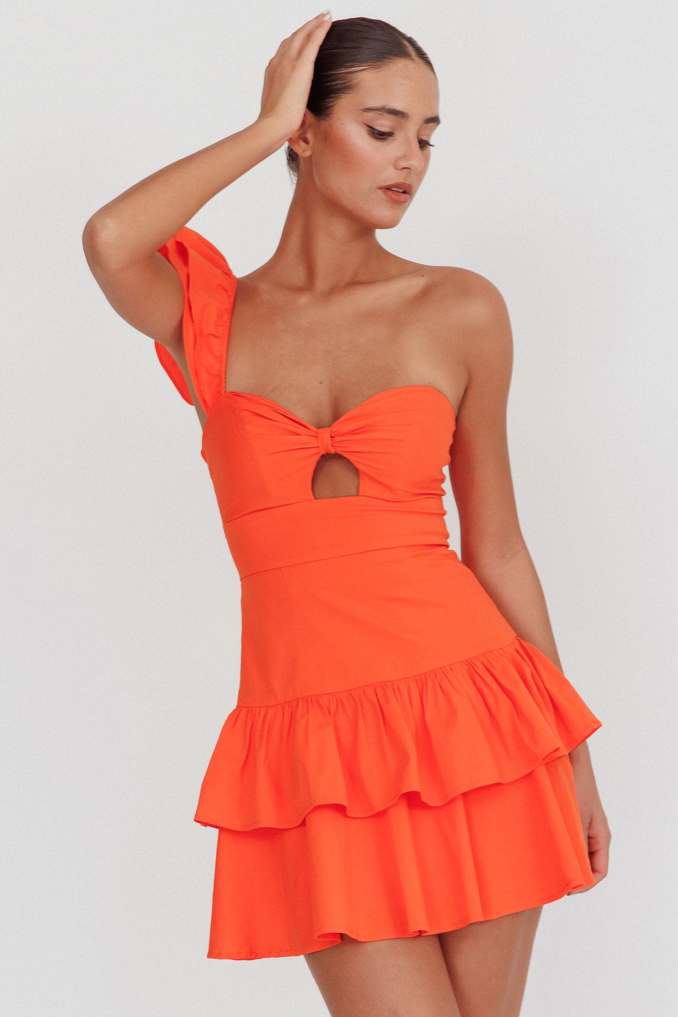 Tea Time One Shoulder Ruffle Mini Dress Tangerine L Tea Time One Shoulder Ruffle Mini Dress Tangerine L