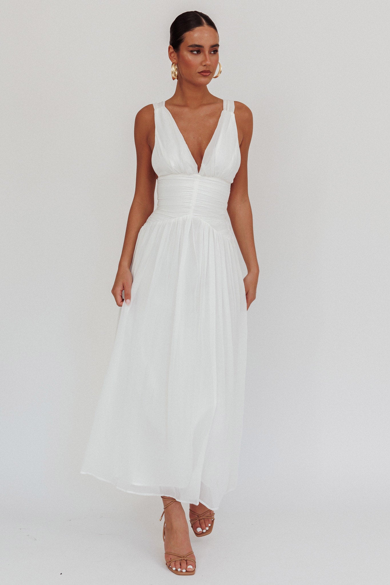 Sammi Ruched Waist Tied Back Maxi Dress White Sammi Ruched Waist Tied Back Maxi Dress White