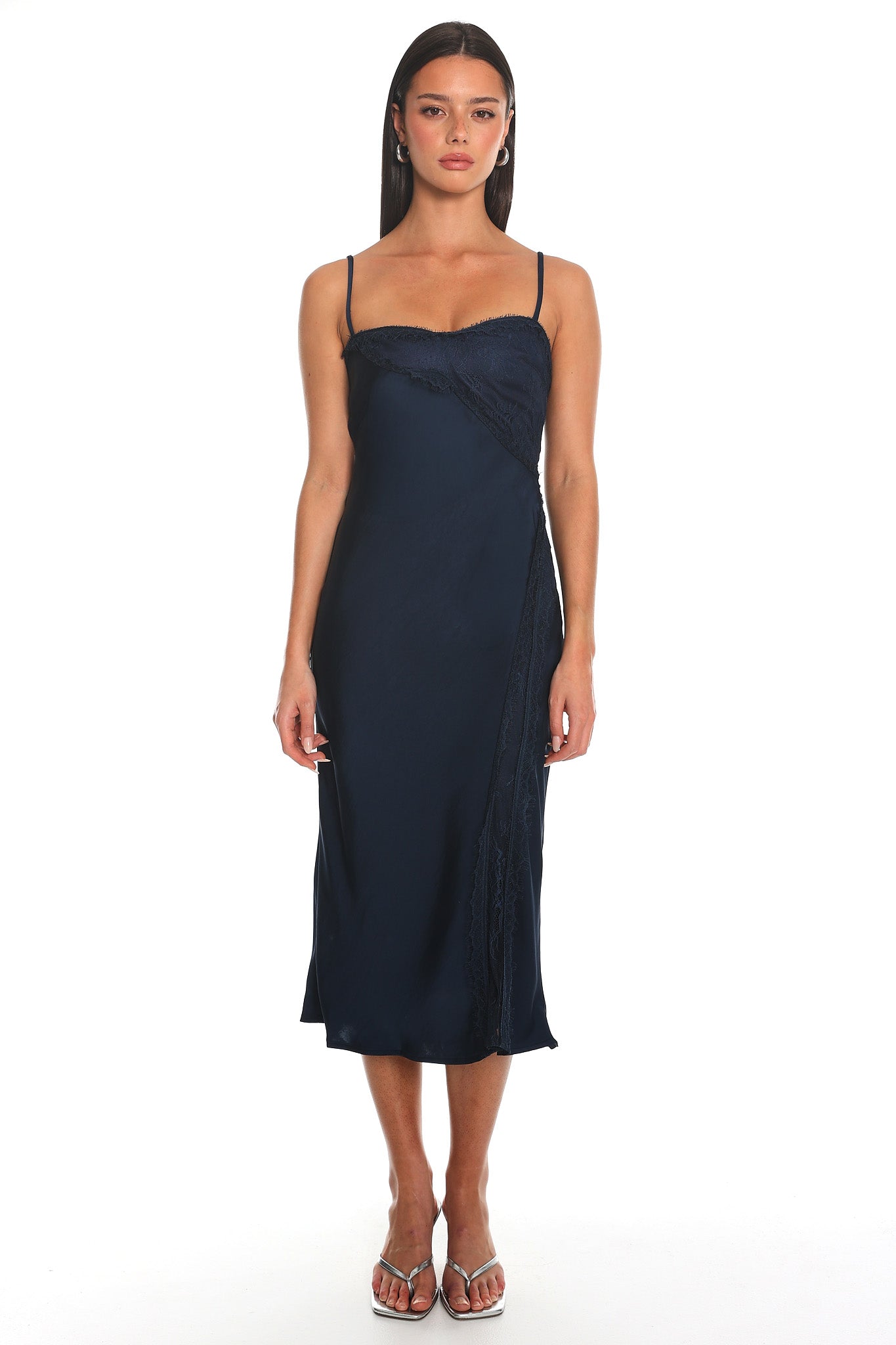 navy lace slip dress Noir Silk Lace-Inset green linen dress Designed in Los Angeles A Line V neck Option:Half skirt