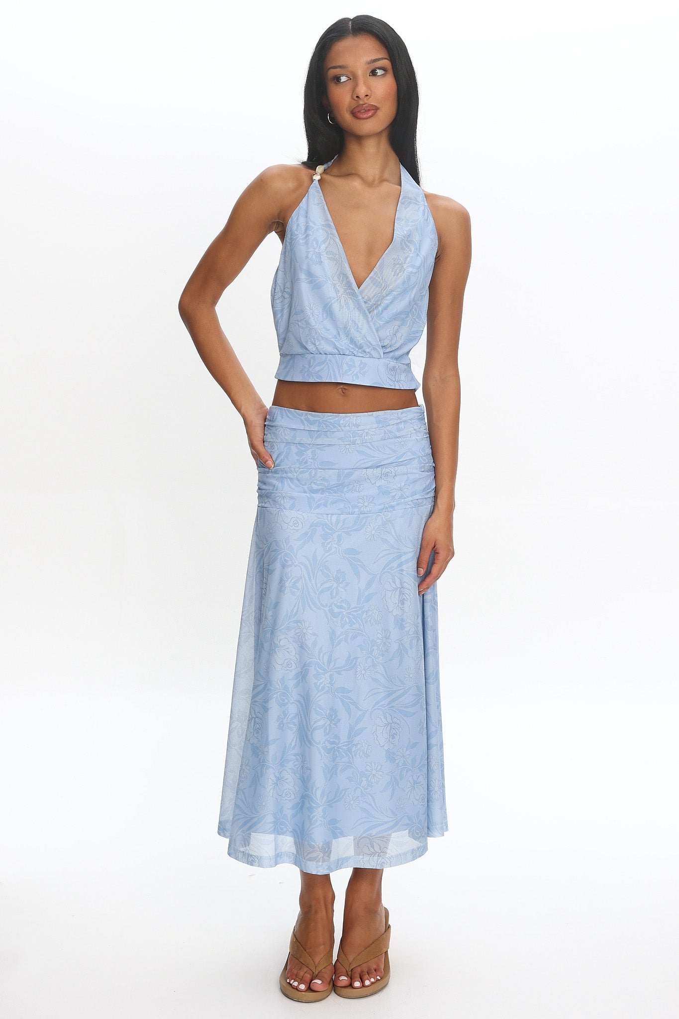 Telepatia Ruched Floral Maxi Skirt Blue | Selfie Leslie