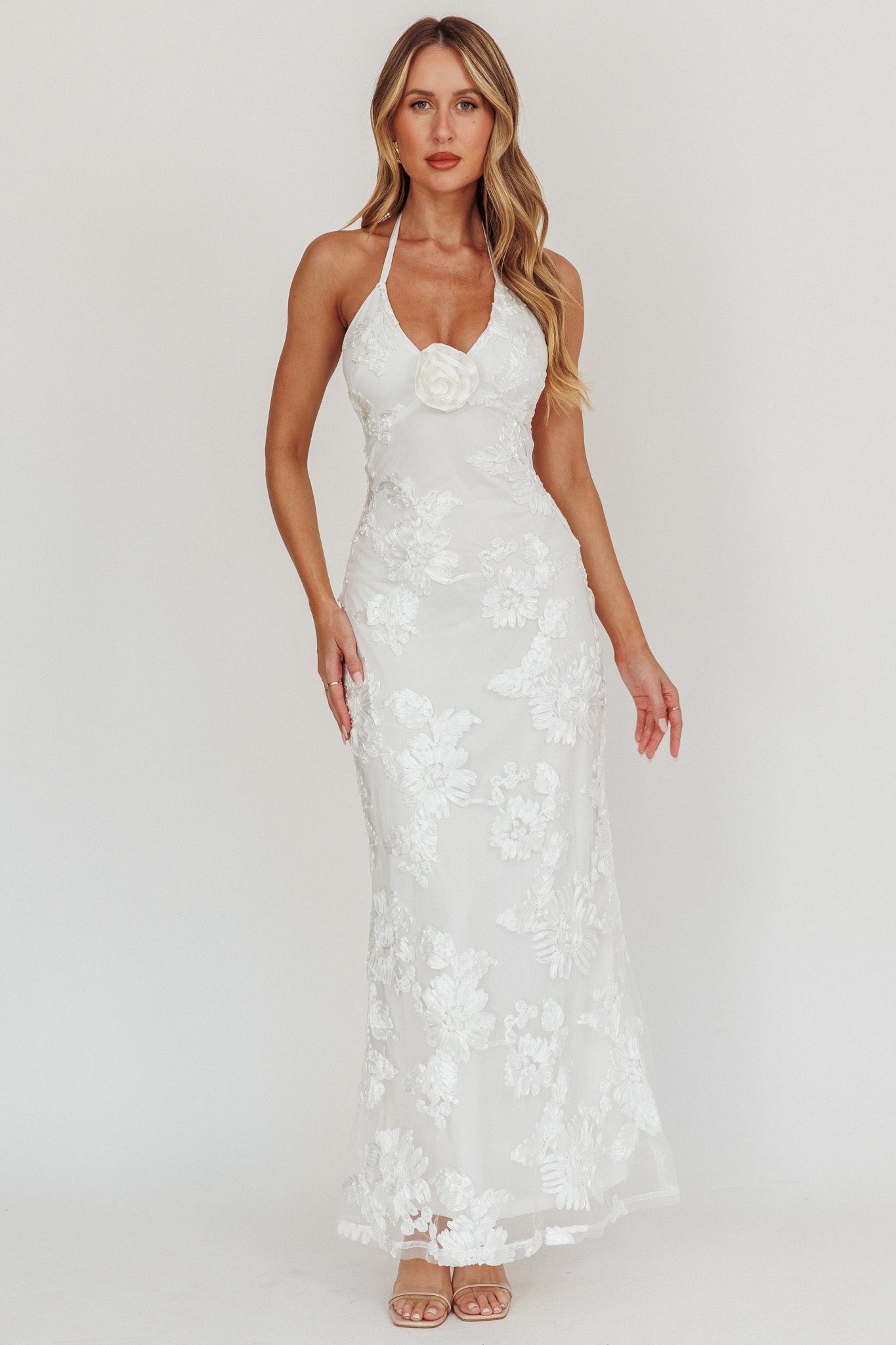 Your Affections Rosette Ribbon Embellished Maxi Dress White Selfie Leslie Your Affections Rosette Ribbon Embellished Maxi Dress White Selfie Leslie