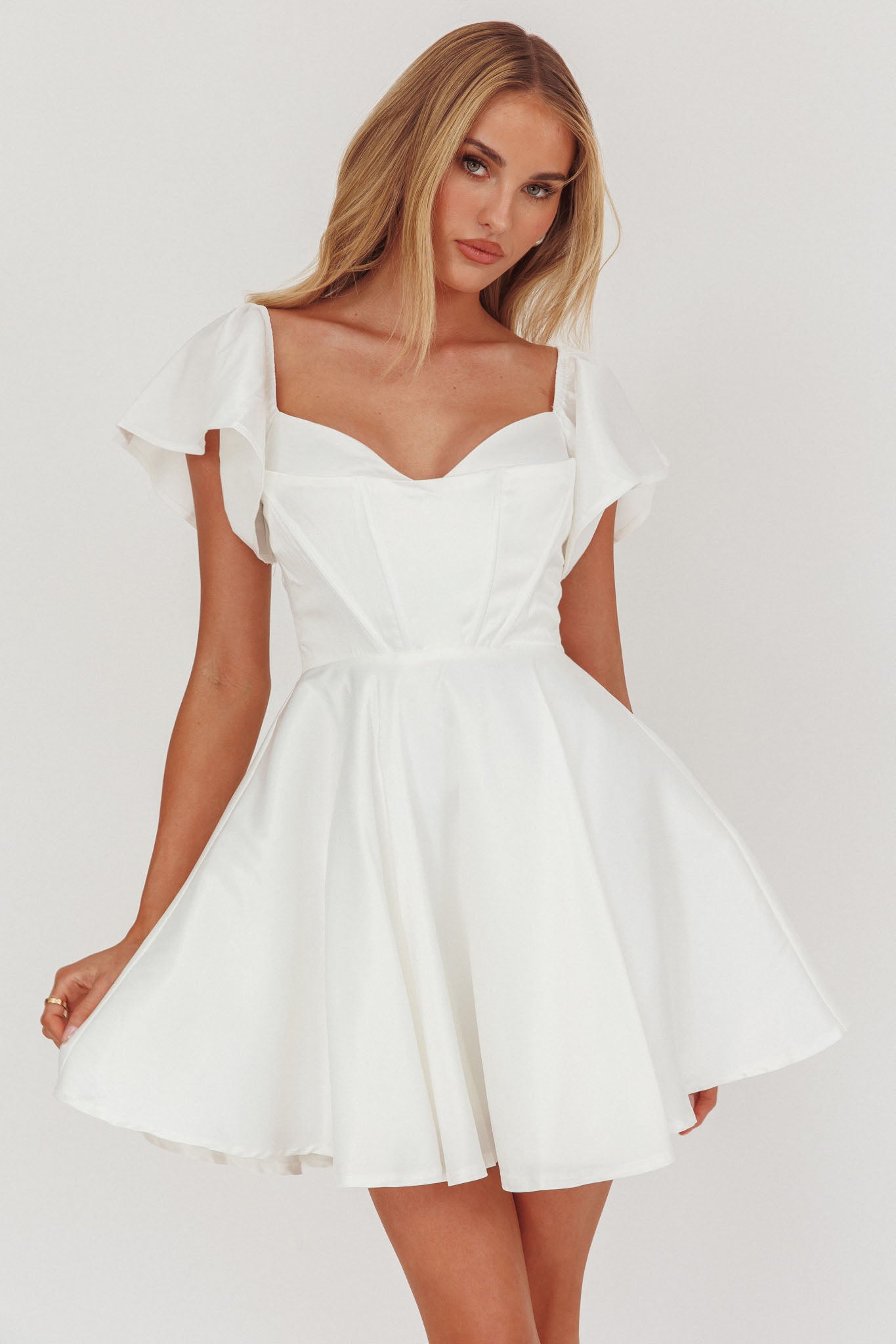 Tamelia Flutter Sleeve Mini Dress White - S Tamelia Flutter Sleeve Mini Dress White - S