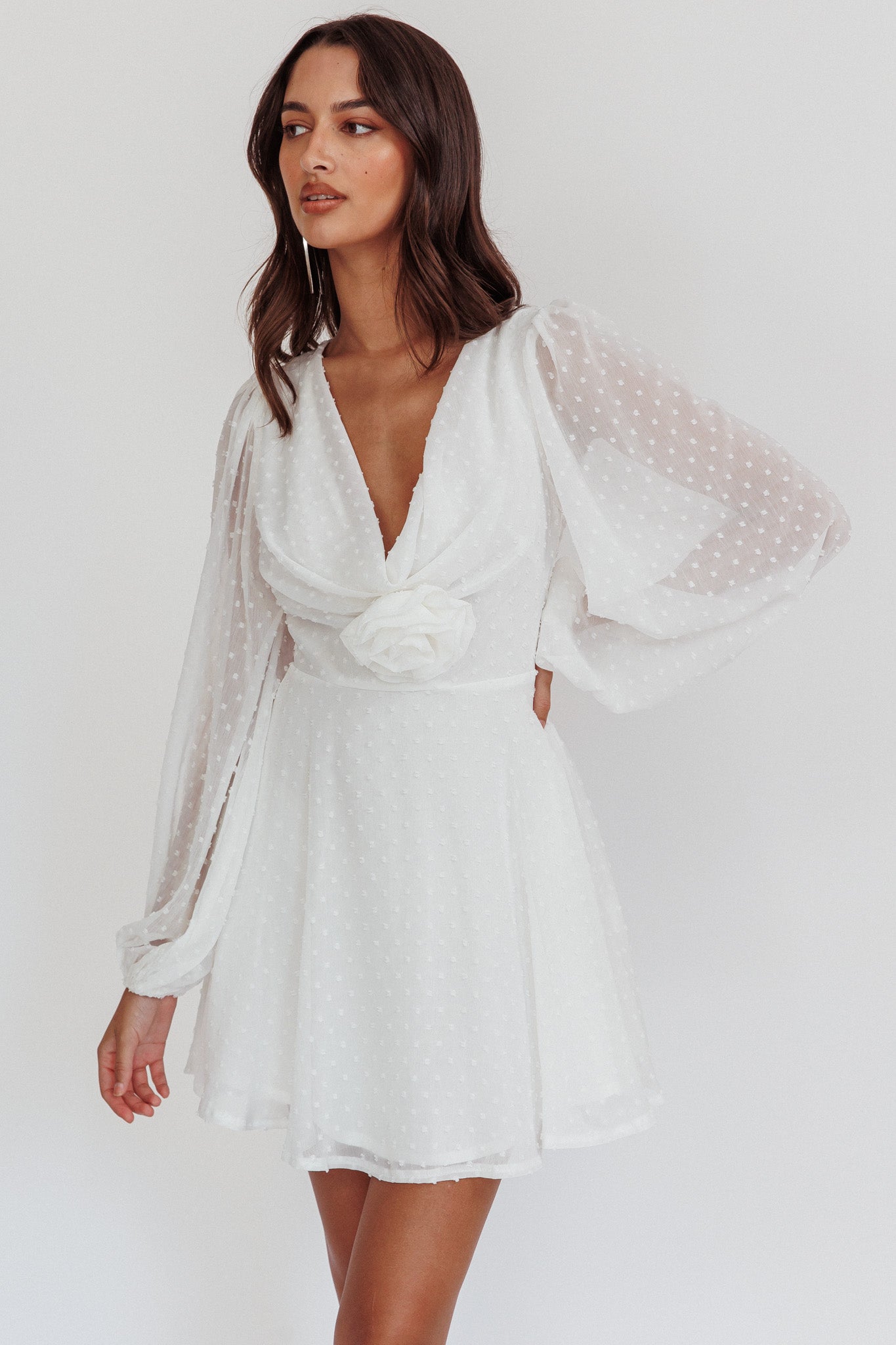 knee length dresses for ladies Open Heart Long Sleeve Rosette Mini Dress White– Selfie Leslie