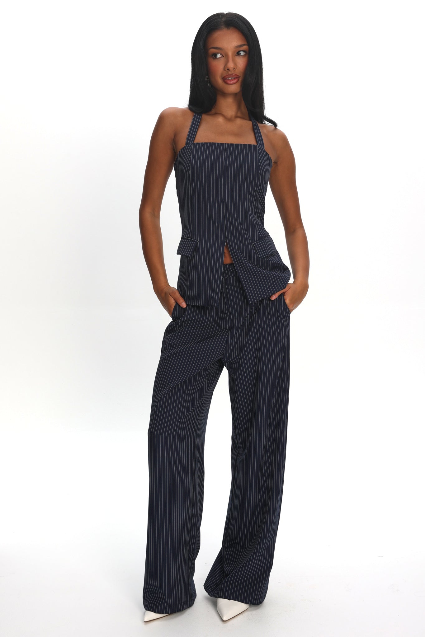Renee Wide Leg Pants Pinstripe Navy | Selfie Leslie