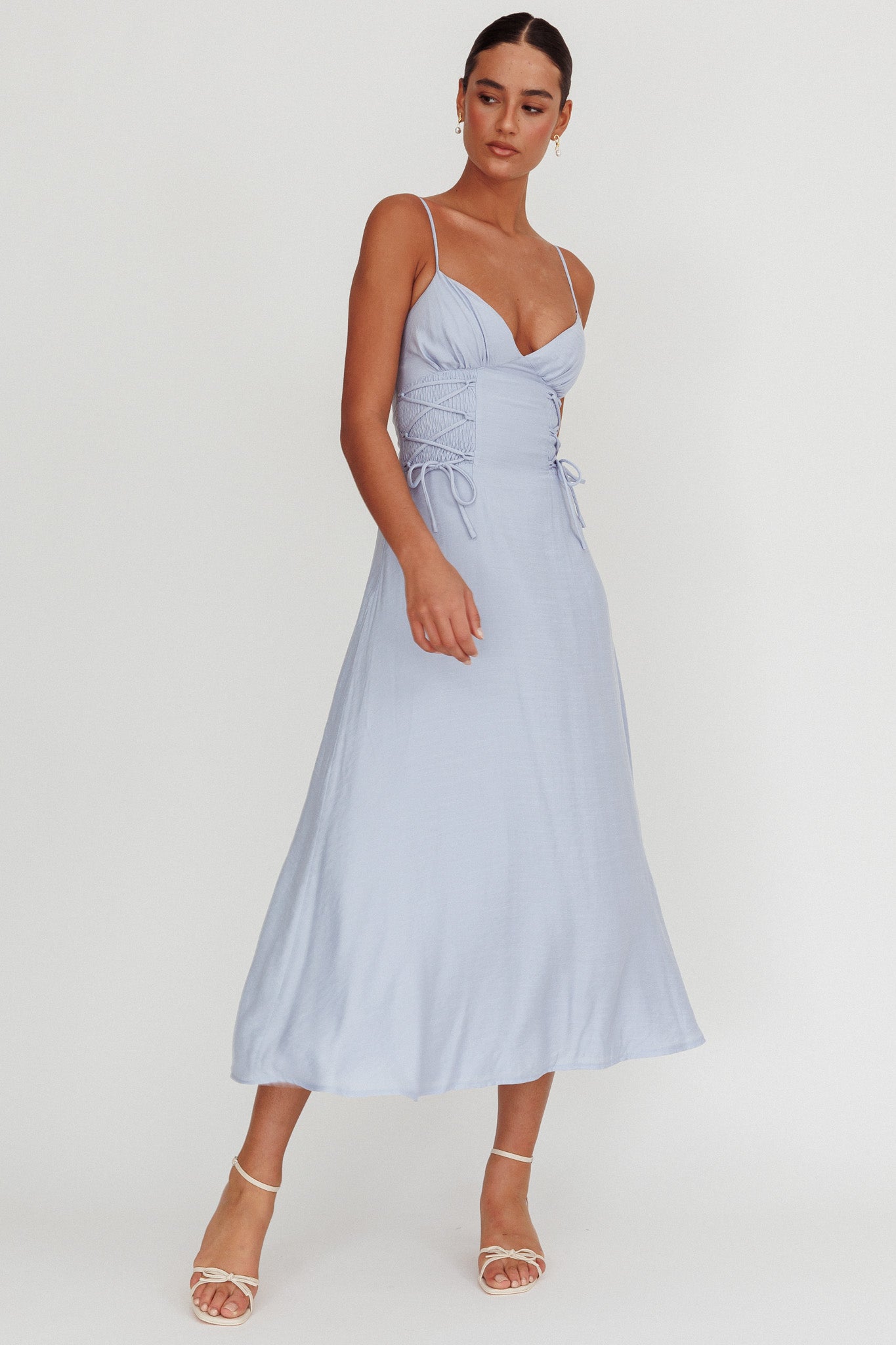Kalaya Lace-Up Waist Midi Dress Light Blue - L Kalaya Lace-Up Waist Midi Dress Light Blue - L