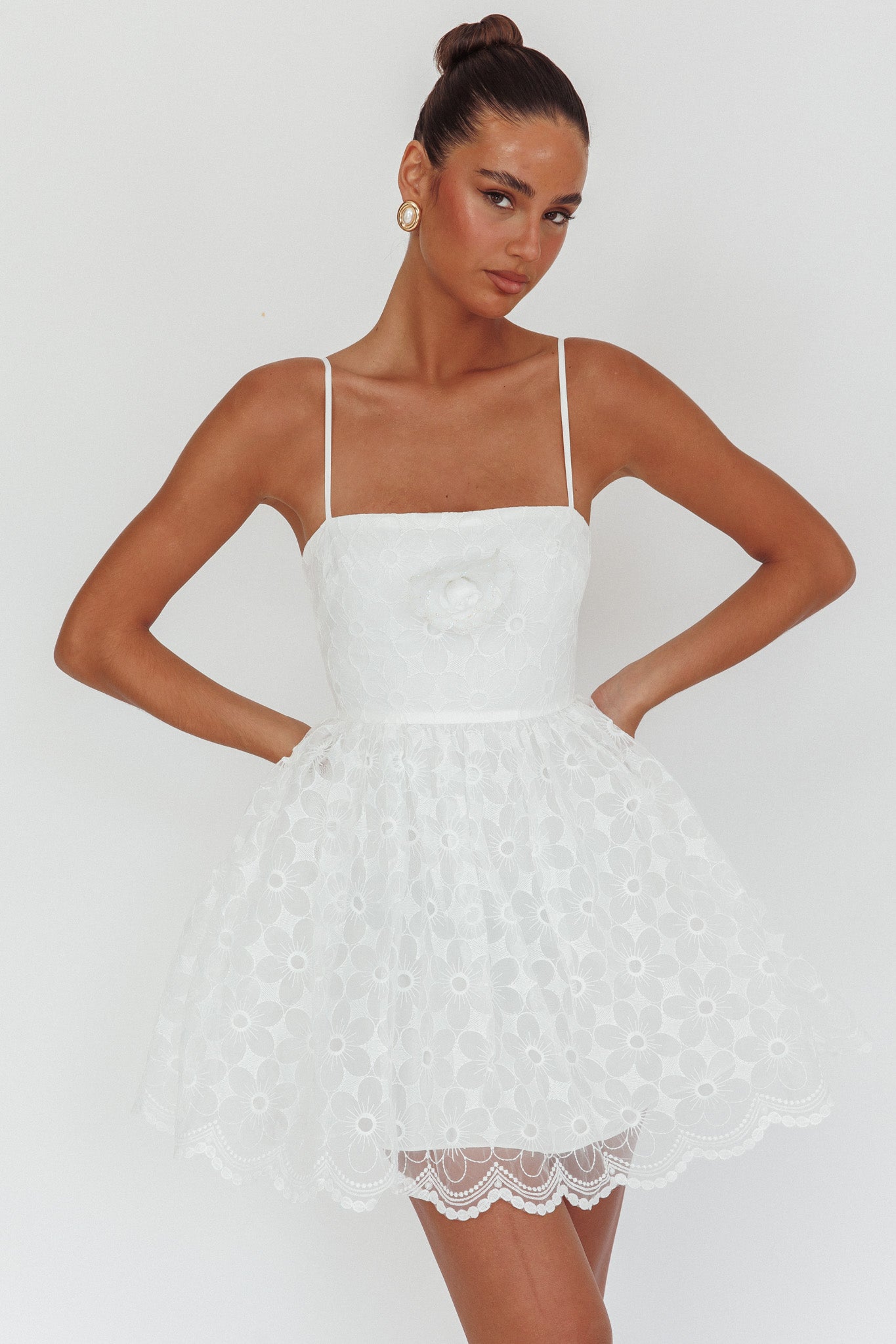 Bahia A-Line Square Neckline Mini Dress Lace White XL
