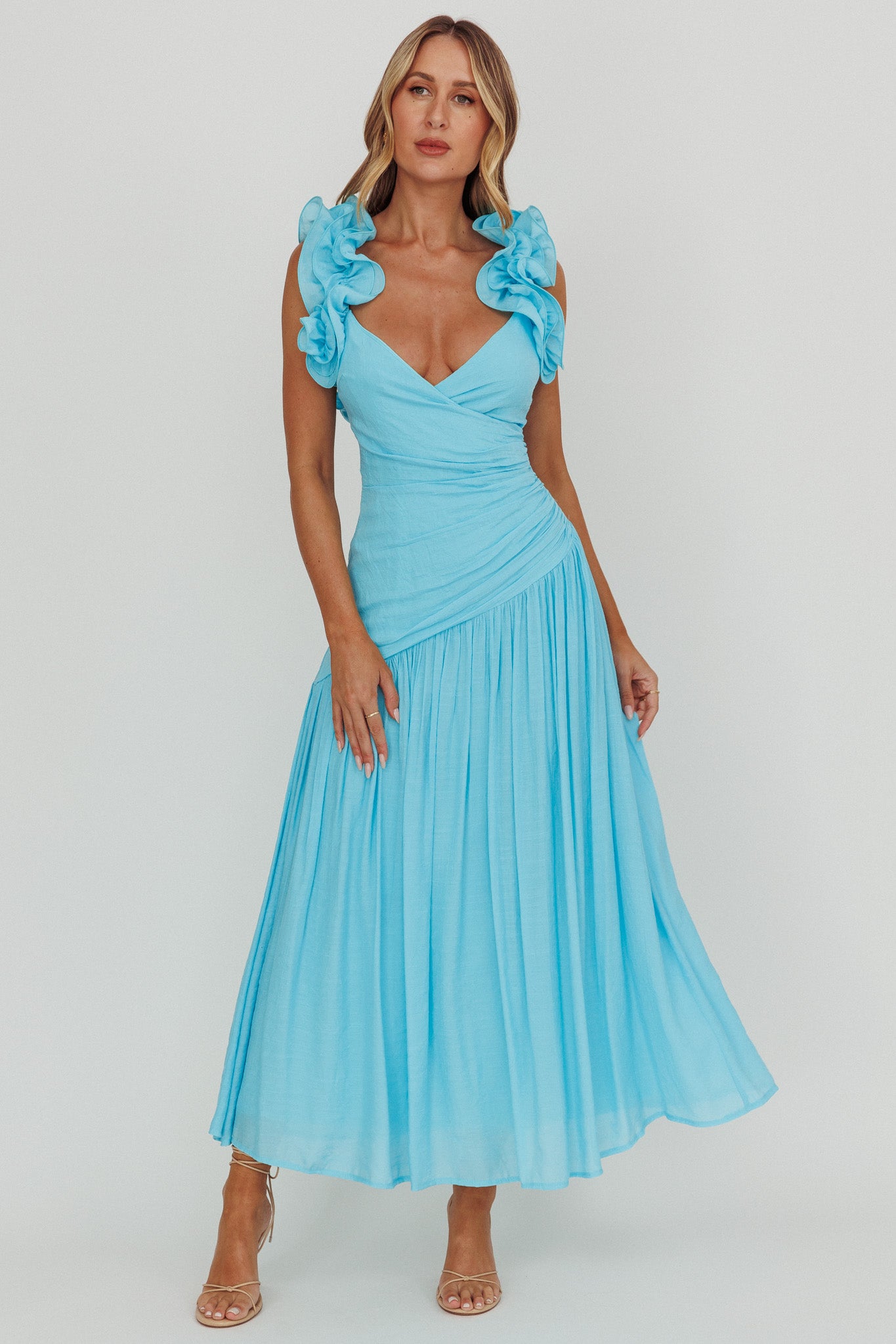 ruffle strap a-line dress in blue Sexy Navy Blue Bow Tie Neck Ruffle Straps A-line Side-slit Long Prom D SposaBridal
