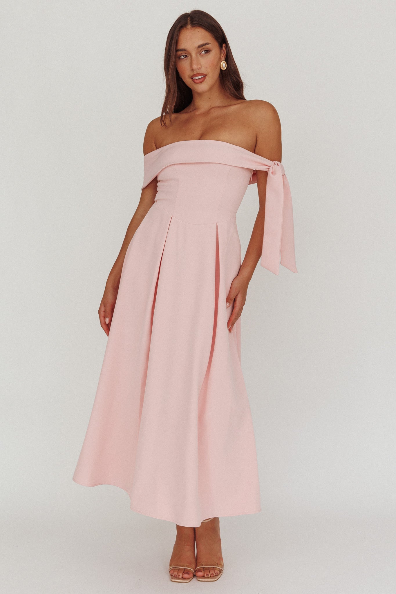 sky midi dress Aurora Sky Off-Shoulder Box Pleat Midi Dress Pink