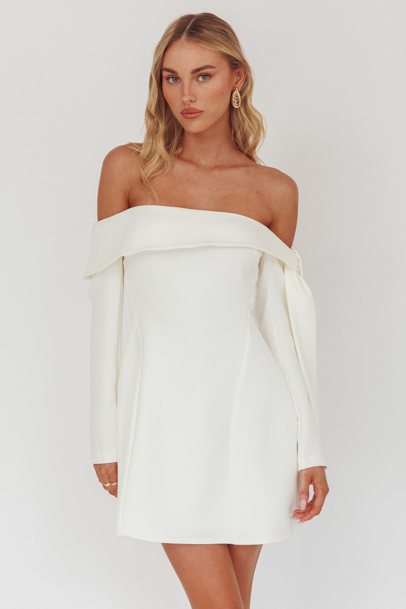 off the shoulder long sleeve white mini dress Aurora Sky Off-Shoulder Tie Mini Dress White
