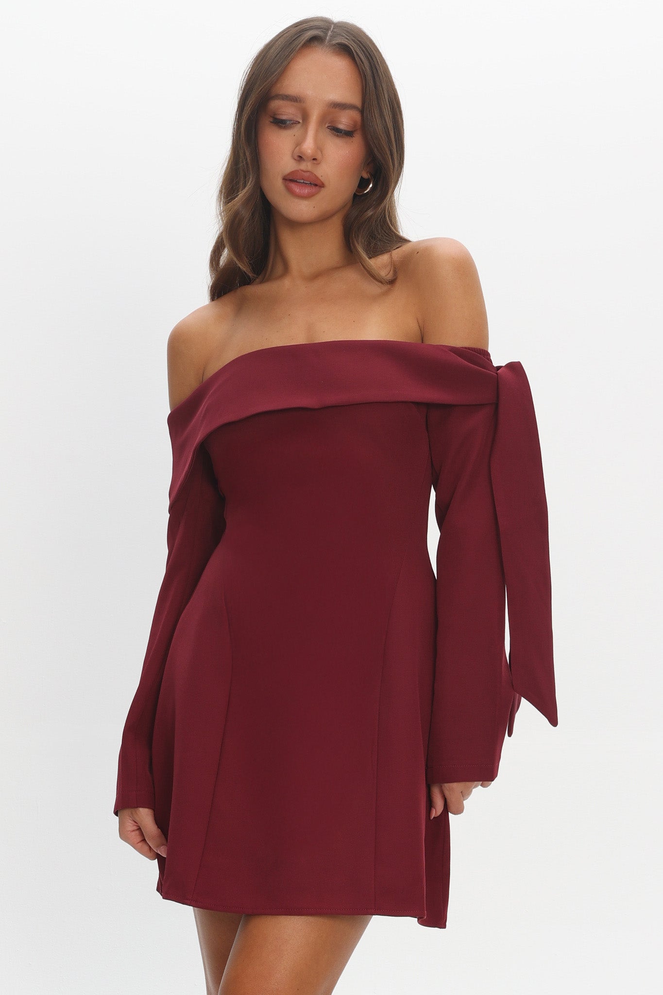 shoulder tie mini dress Aurora Sky Off-Shoulder Tie Mini Dress Wine
